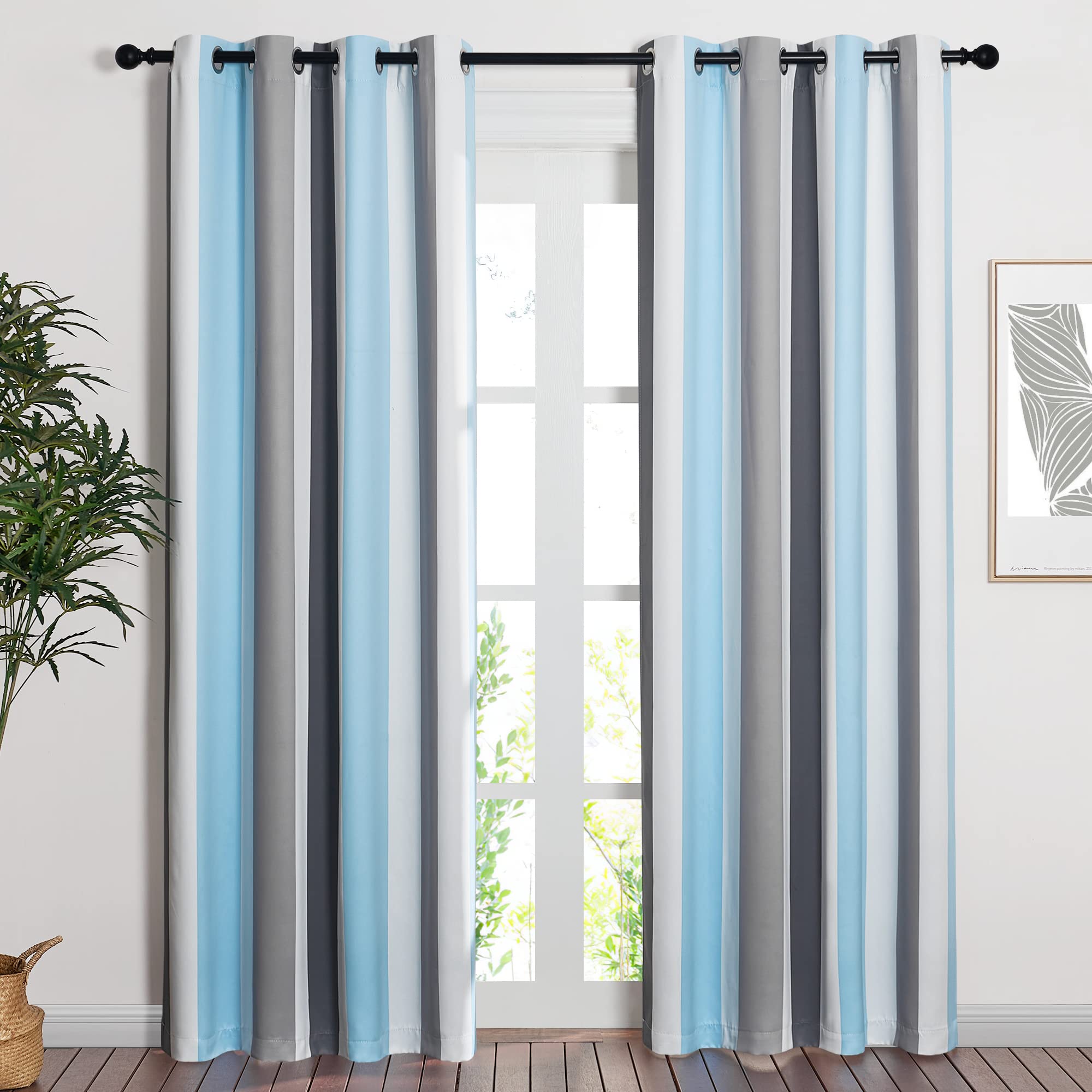 NICETOWN Hit Color Striped Curtains 84 inches Length, Decorative Blue & Grey Drapes Window Treatments with Grommet Top for Porch