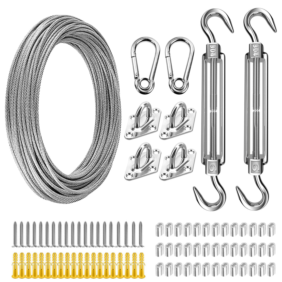 Fzeneast Shade Sail Hardware Kit With 50 Ft Cable Wire Rope, Anti-Rust Stainless Steel Stainless Steel Sun Shade Hardware Kit For Rectangle Square Triangle Shade Sail Installation(66 Pcs)