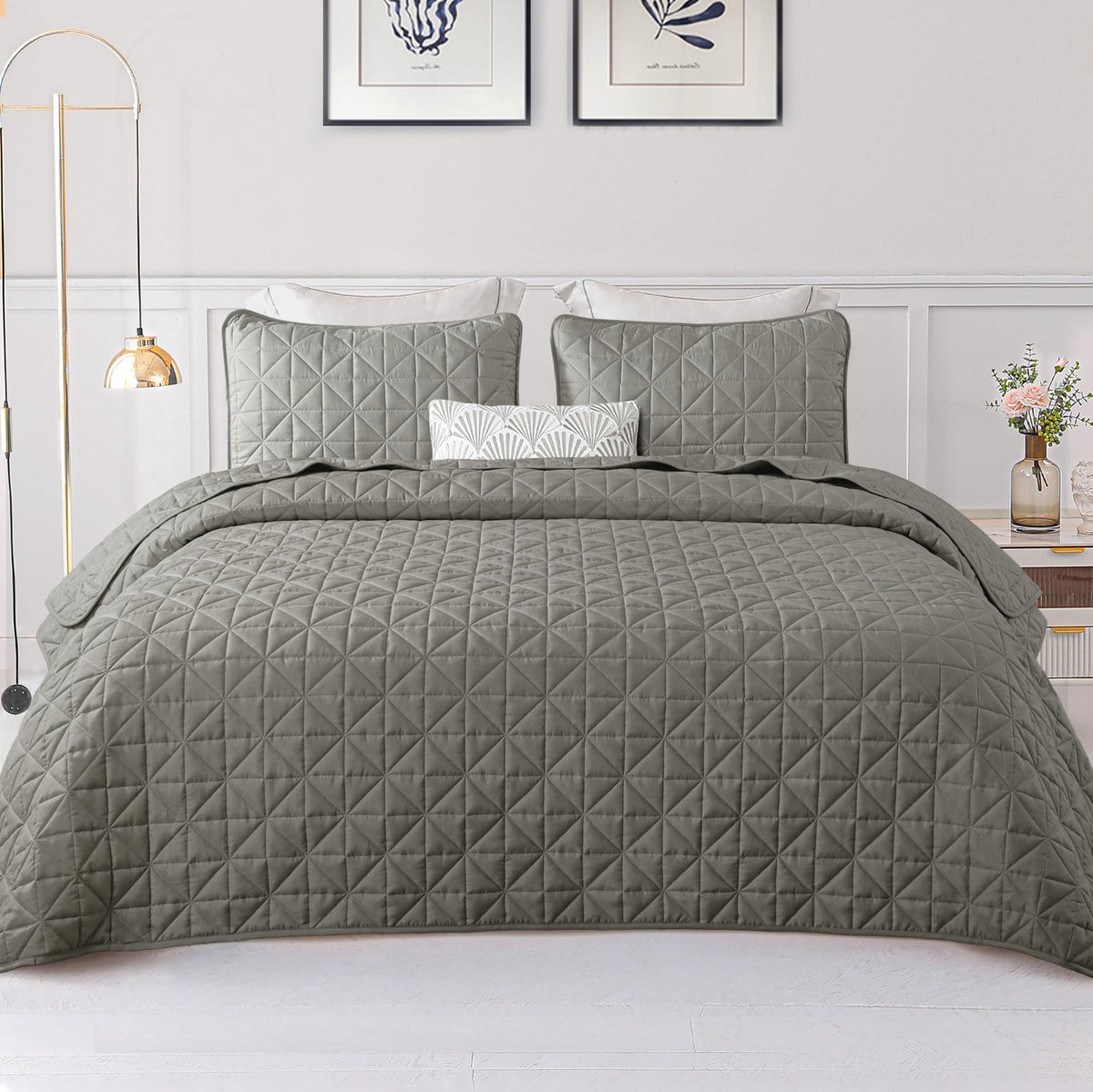 Exclusivo Mezcla Quilts Twin Size Bedding Set with Stitched Grid Pattern, Lightweight Summer Light Grey Bedspreads Coverlets Bed