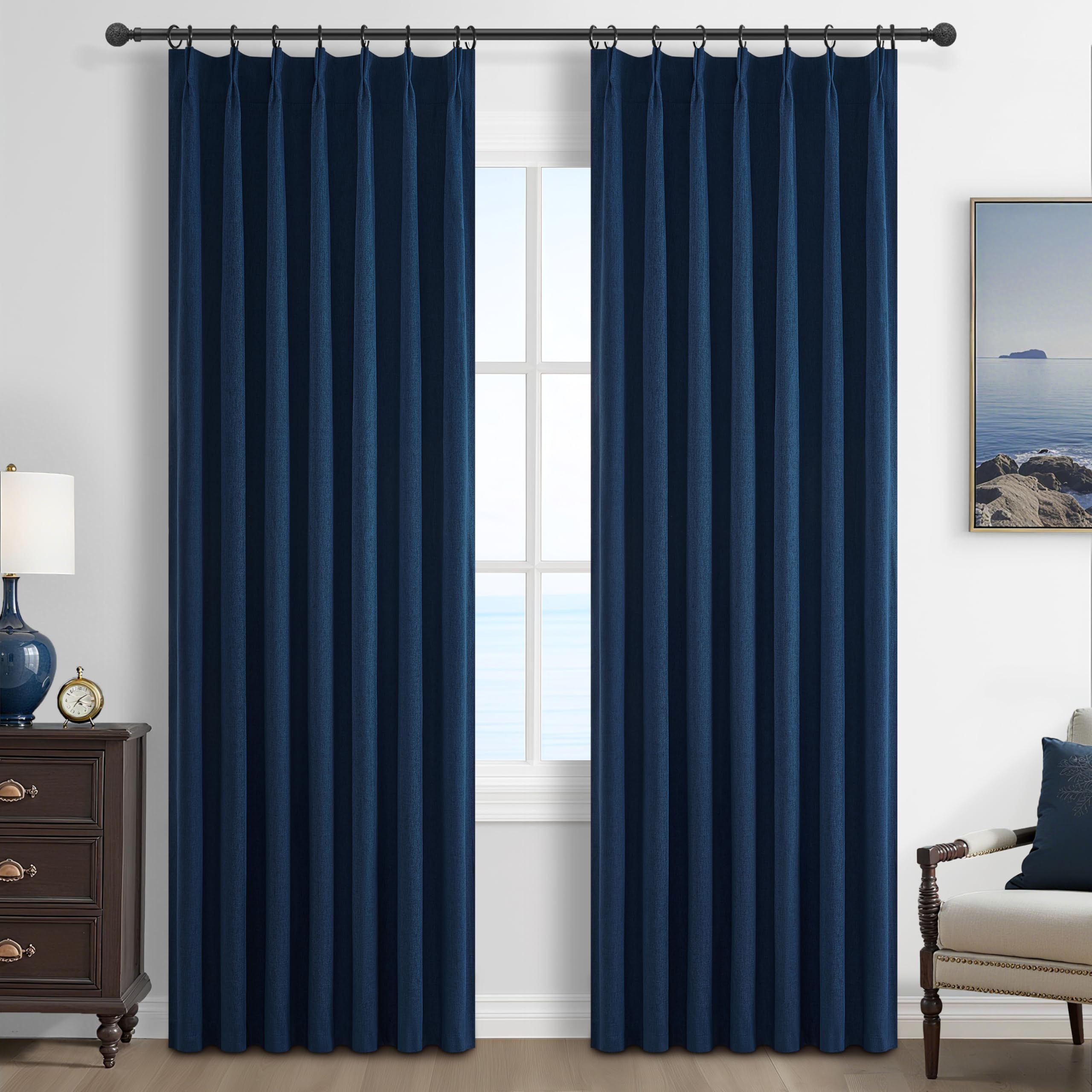 QJmydeco Navy Blue Blackout Curtains 84 Inch Length for Kids/Boys Rooms/Bedroom, Pinch Pleated Drapes with Hooks Viral Linen The