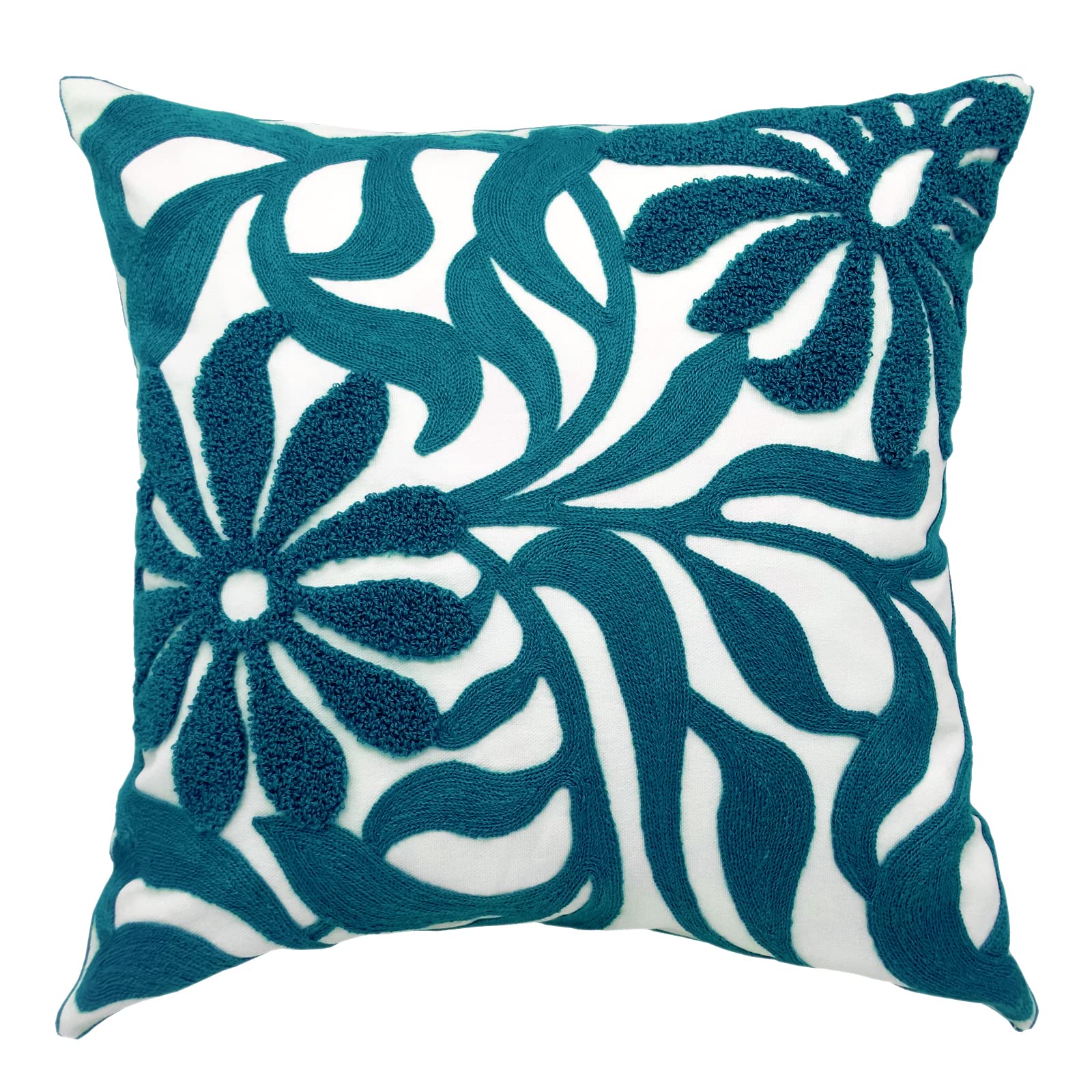Alysheer Farmhouse Floral Leaves Embroidered Decorative Throw Pillow Cover 18X18 Inches, Boho Tufted Flowers Embroidery Pattern
