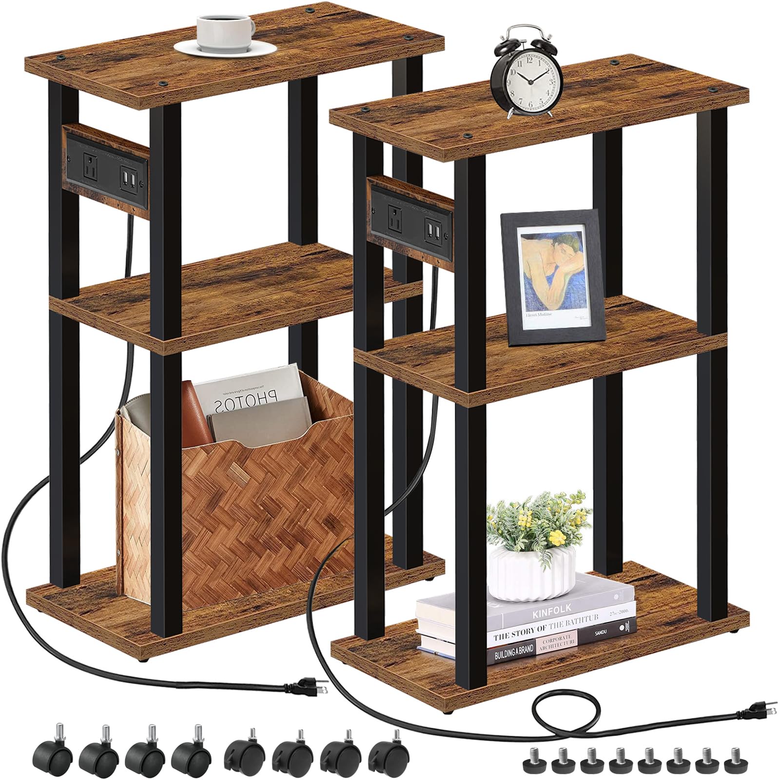 Tutotak Small Narrow Side Table With Charging Station, Set Of 2 Skinny End Table For Small Spaces, Slim Nightstand With Usb Ports And Outlet,Sofa Beside Table With Wheels, Brown Tb01Bb047