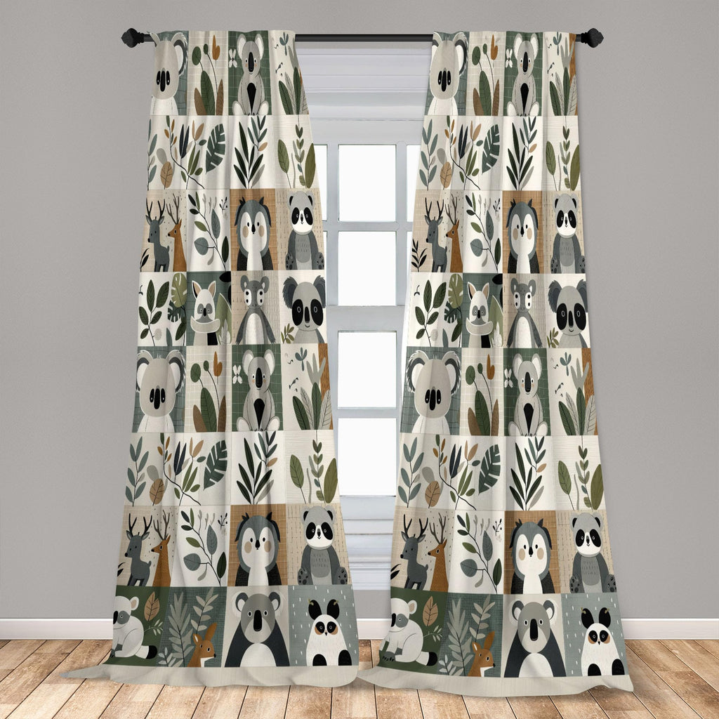 Ambesonne Animals Window Curtains Pack Of 2, Cartoon Woodland Art With Exotic Leaves Koala And Deer Pattern Checkered, Lightweig