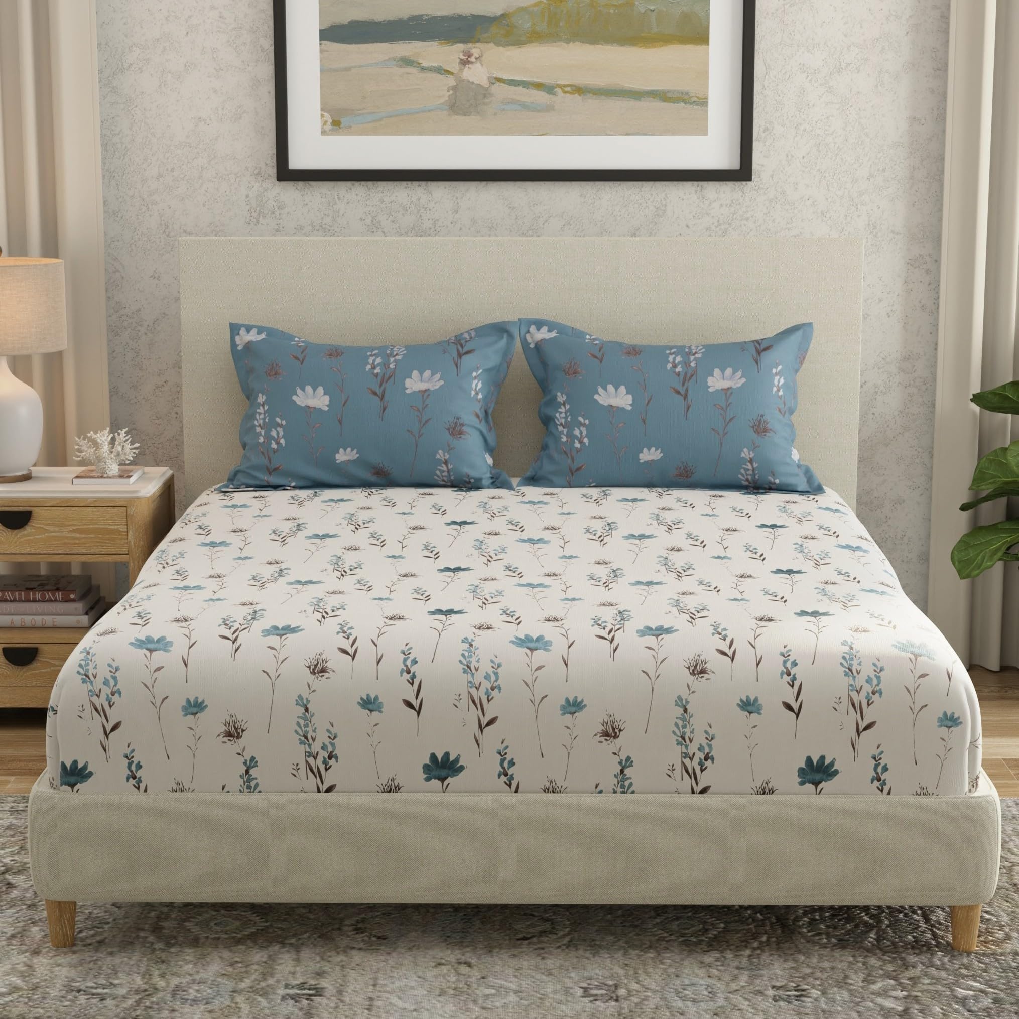 Huesland By Ahmedabad Cotton 144 Tc Cotton Bedsheet For Double Bed King Size With 2 Pillow Covers | White, Blue & Grey