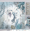 Mermaid Shower Curtain, Sea Ocean Octopus Coral Reef Fish Seashell Jellyfish Theme Waterproof Fabric Bathroom Curtains, Teal and