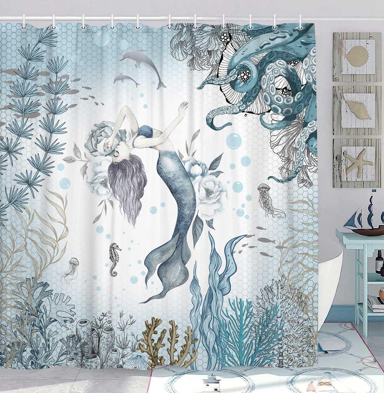Mermaid Shower Curtain, Sea Ocean Octopus Coral Reef Fish Seashell Jellyfish Theme Waterproof Fabric Bathroom Curtains, Teal and