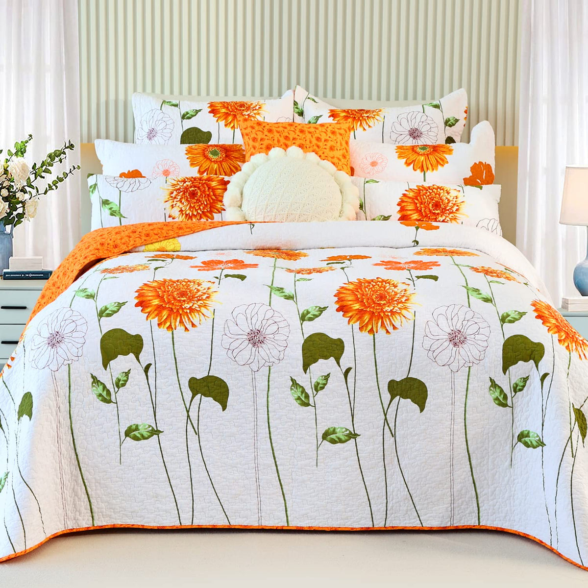 Evenhug 100% Cotton Quilt Queen Size Orange Sunflower Bedding Set Floral Lightweight Quilt Reversible Coverlet Bedspread With 2