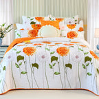 Evenhug 100% Cotton Quilt Queen Size Orange Sunflower Bedding Set Floral Lightweight Quilt Reversible Coverlet Bedspread With 2
