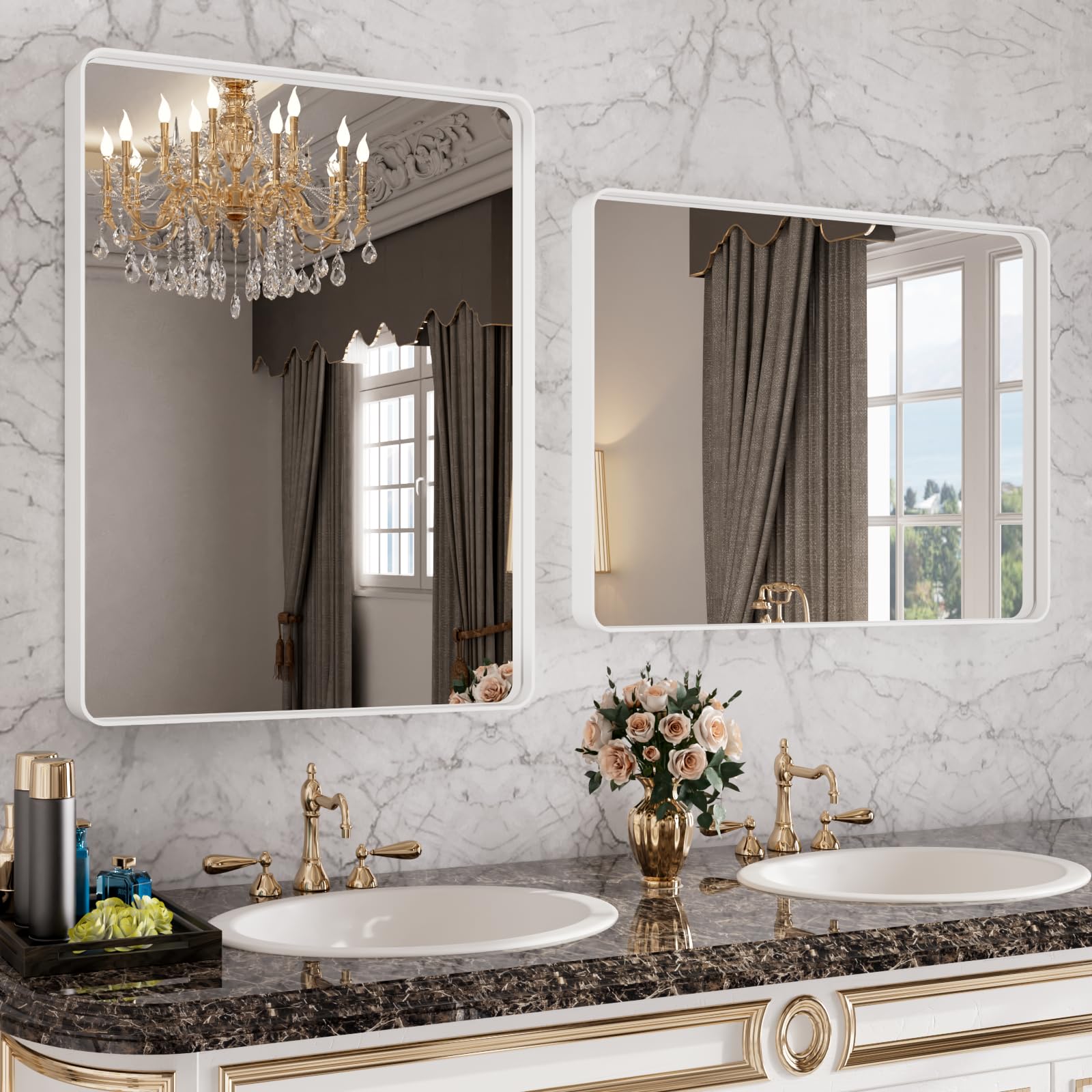 Istripmf 24X32 Inch White Framed Bathroom Mirror,Matte Metal Frame Vanity Mirror,Round Corner,Farmhouse,Decorative Wall Mounted