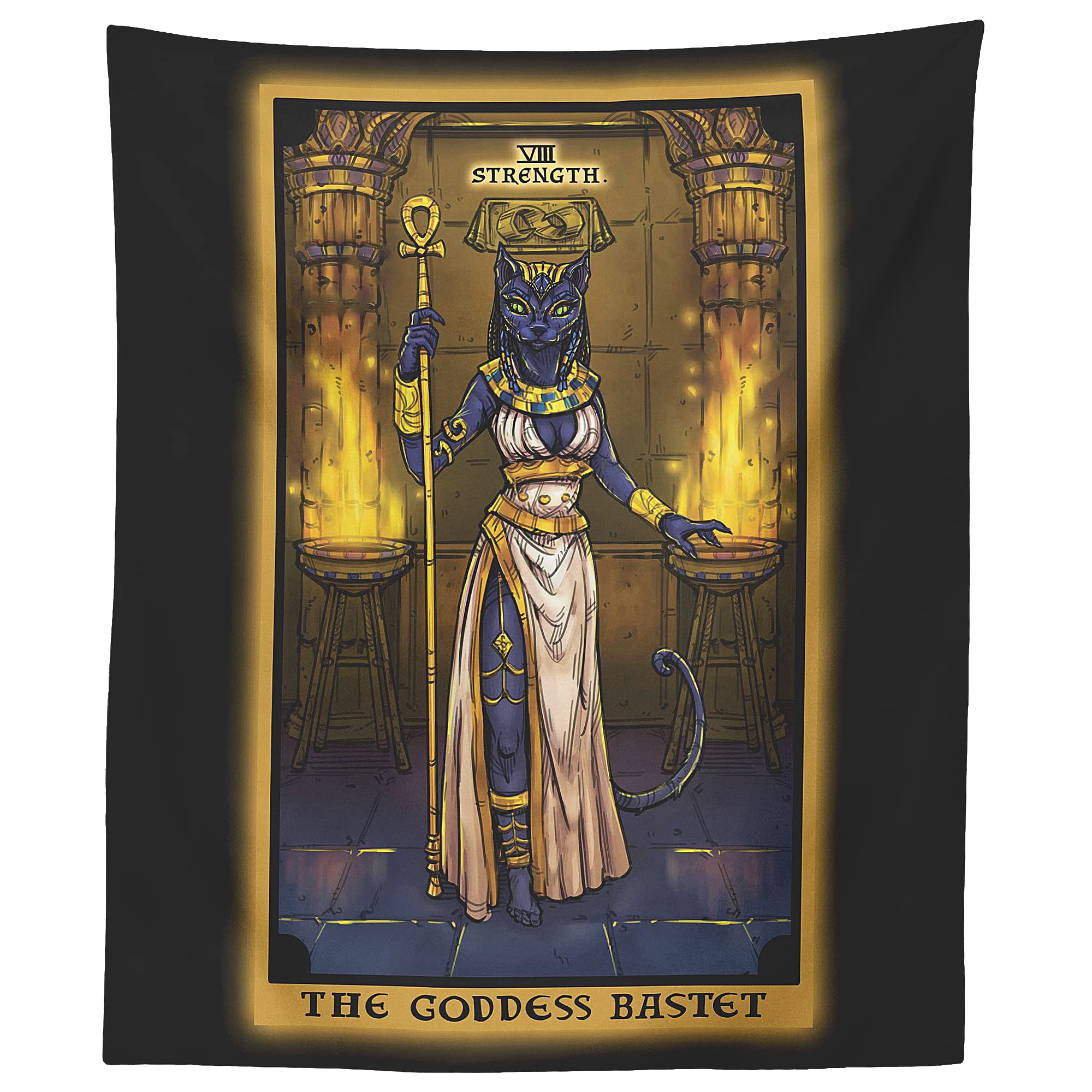 The Goddess Bastet Strength Tarot Card Tapestry - Egyptian Cat Goddess Bast Pagan Witch Wall Hanging Home Decor (60 x 50)