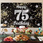 Nelbiirth Happy 75th Birthday Backdrop Banner, Black & Silver Dream Star Sign, 78" x 47", Polyester Oxford Fabric