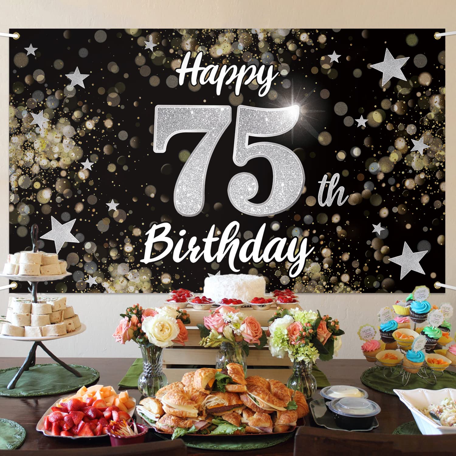 Nelbiirth Happy 75th Birthday Backdrop Banner, Black & Silver Dream Star Sign, 78" x 47", Polyester Oxford Fabric