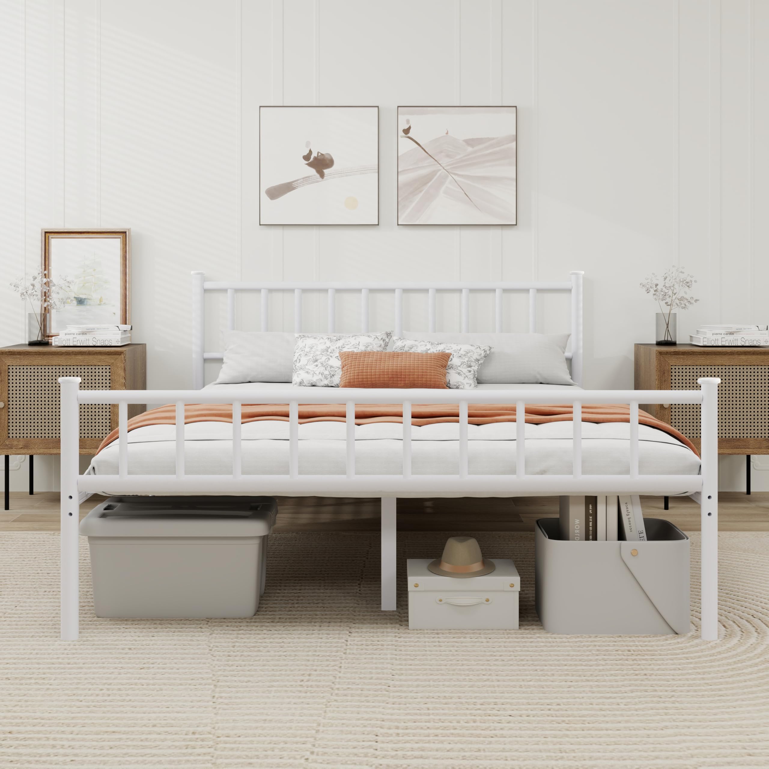 WJORATA Metal Platform Full Bed Frame with Headboard Sturdy Steel Slats Support No Box Spring Needed Easy Assembly White