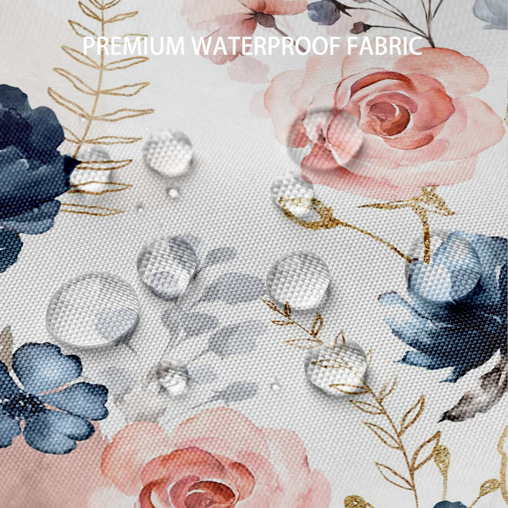 Bivinar Navy Blue And Pink Floral Shower Curtain, Watercolor Flowers Bathroom Shower Curtain, Waterproof Fabric Shower Curtain W