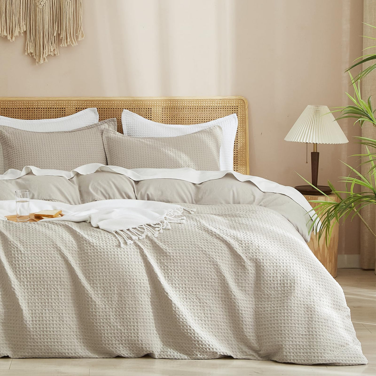 Phf Waffle Weave Duvet Cover Set Queen Size, 3 Piece Ultra Soft Breathable Durable Comforter Cover For All Season, Waffle Textur