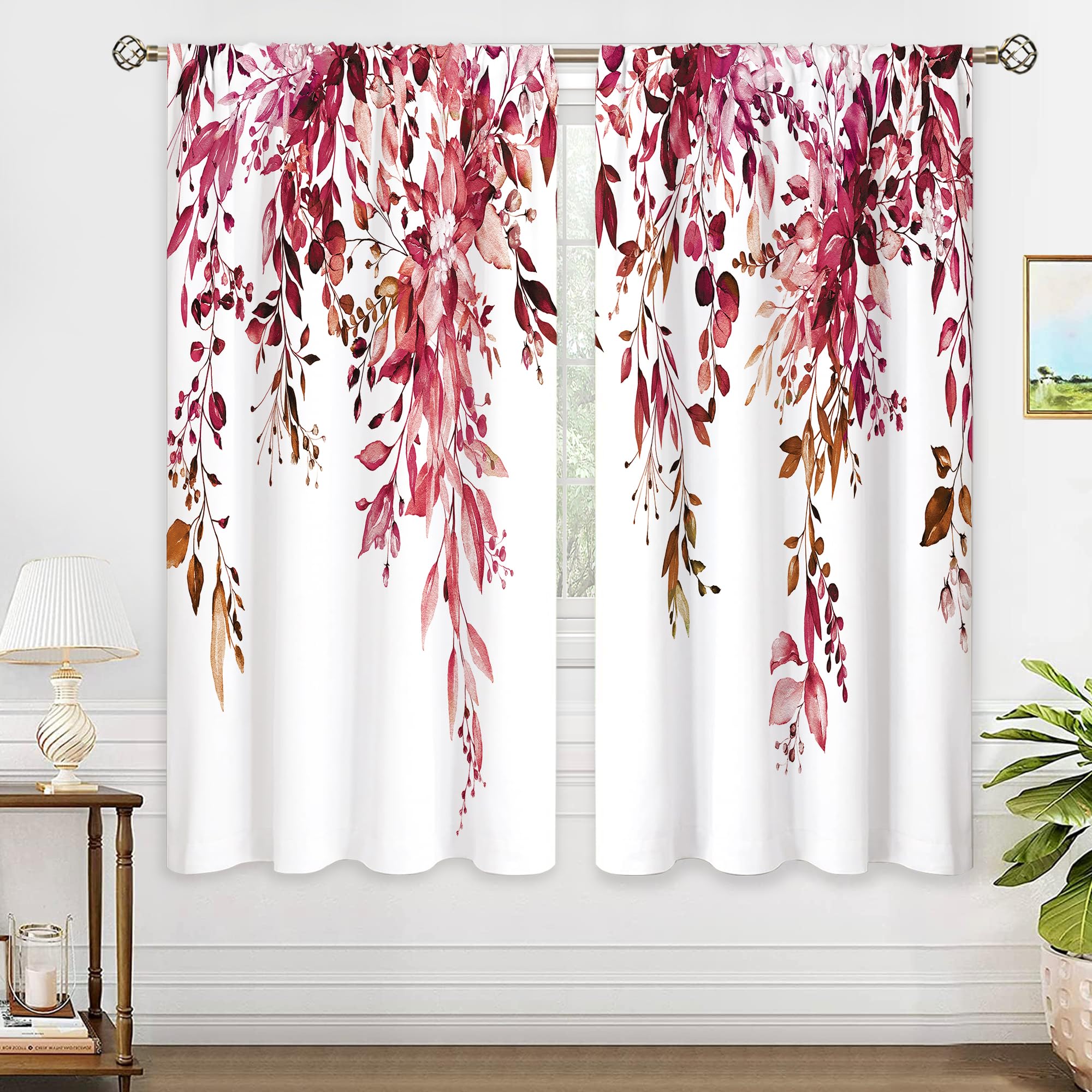 Oolygoo Burgundy Eucalyptus Leaves Window Curtains Rustic Watercolor Red Flower Floral Plant Botanical Farmhouse Curtain Drapes