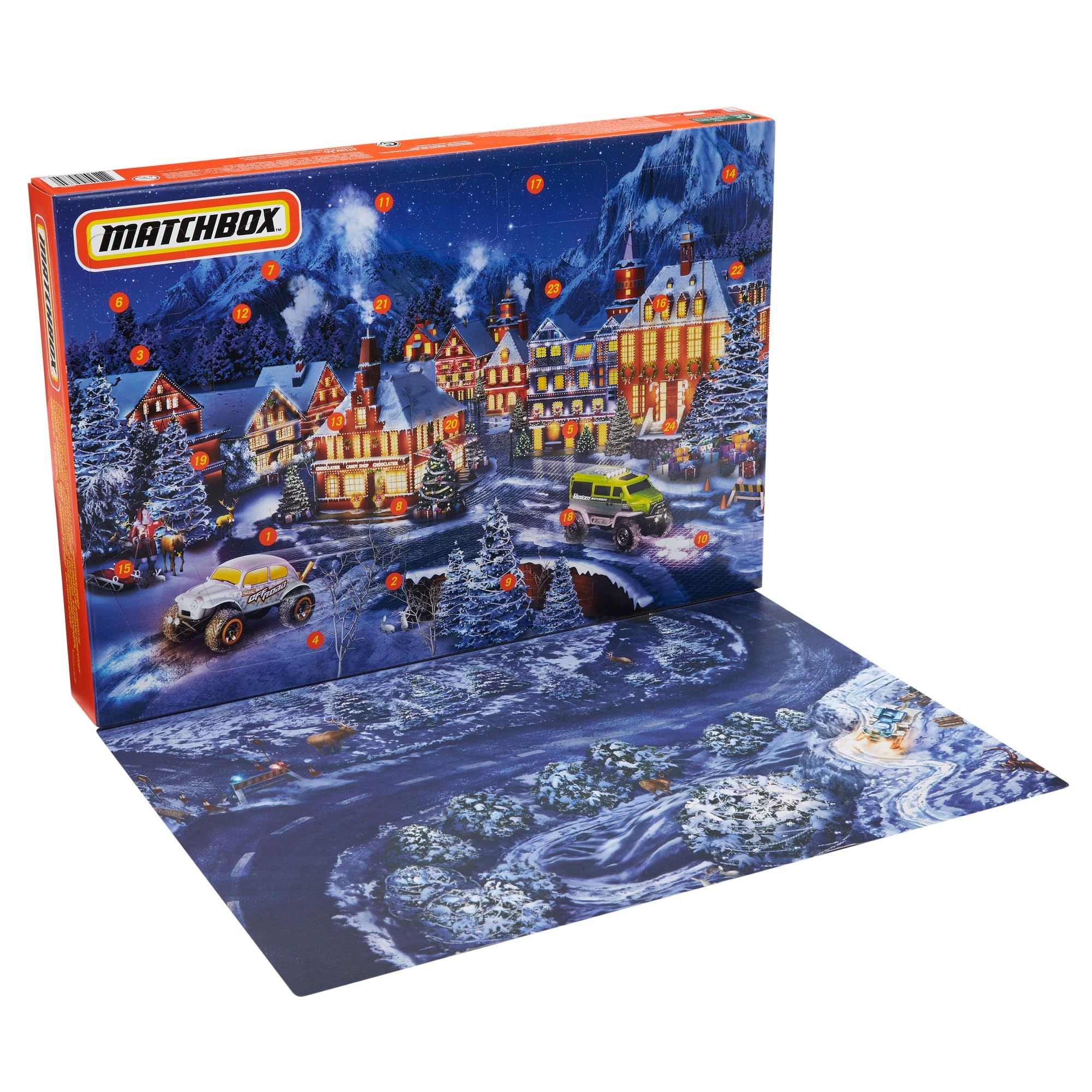 Matchbox Advent Calendar With 24 Surprises That Include 11 1:64 Scale Cars With Authentic & Holiday-Themed Decos & Accessories,
