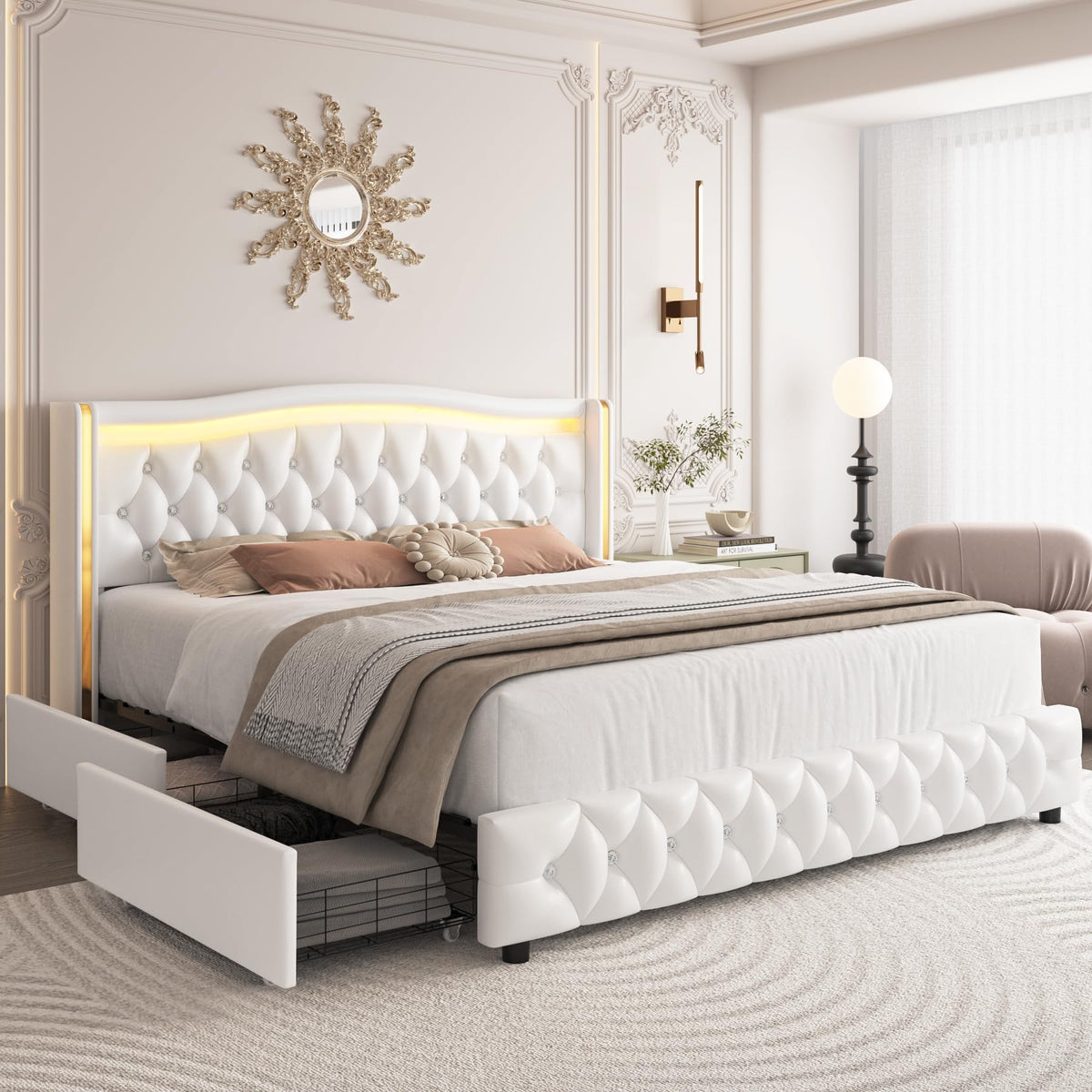 HIFIT King Smart LED Platform Bed Frame with 4 Storage Drawers, Crystal Button-Tufted & Stainless Gold Trim Wingback Headboard, 