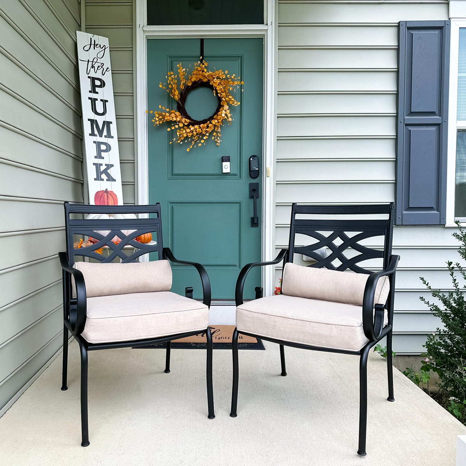 Mfstudio 2 Piece Black Patio Dining Chairs With Beige Thick Cushions,Outdoor Furniture Metal Chairs With Armest For Garden, Pool
