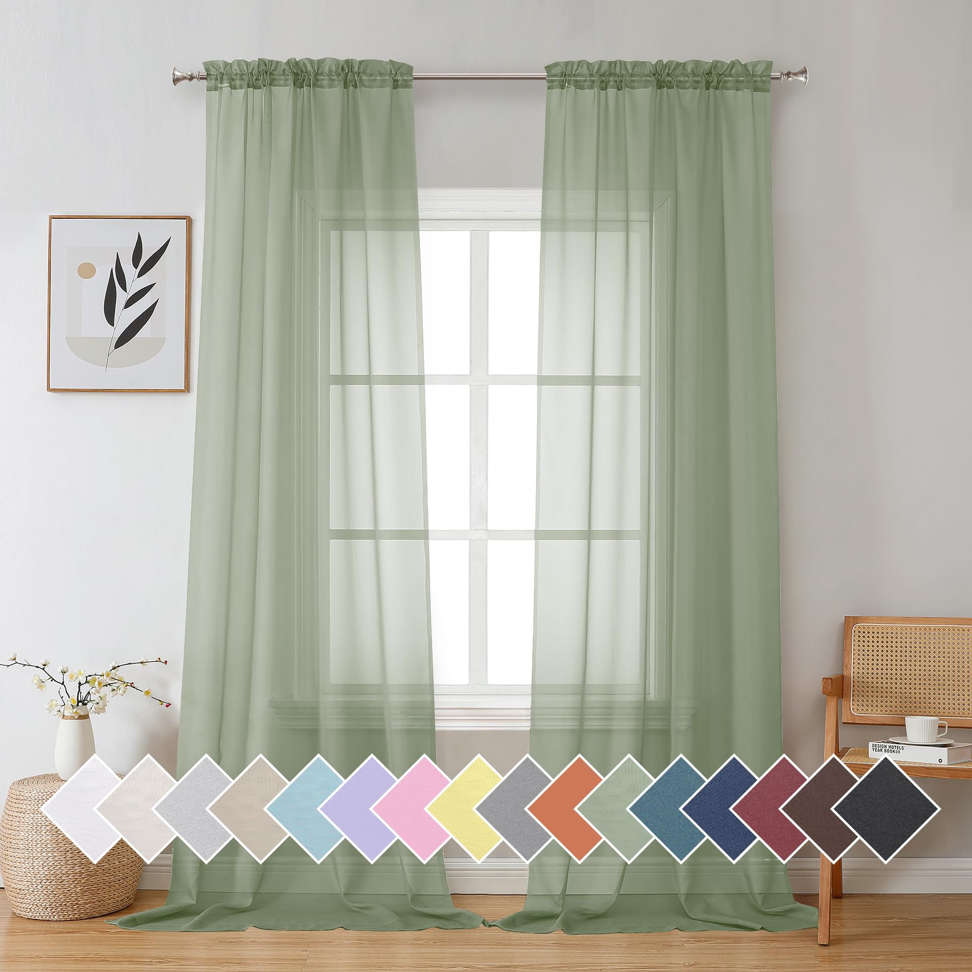 Aiyufeng Sage Green Sheer Curtains 96 Inch Length 2 Pcs, Rod Pocket Voile Drapes For Bedroom Living Room, Semi Sheer Curtain Pan