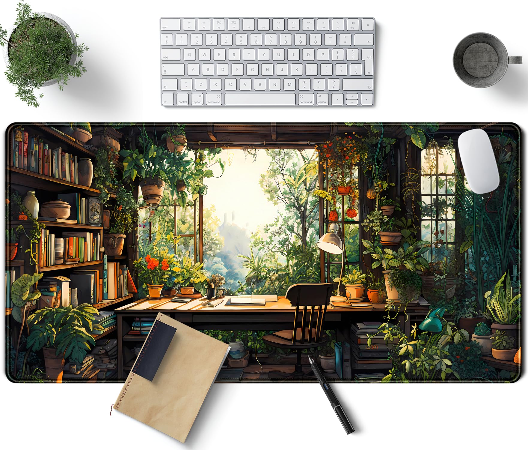 Green Plant Lovers Cute Desk Mat, Kawaii Desk Pad Xxl Large Extended Lofi Mouse Pad Gaming Anime Mousepad, Big Laptop Computer K