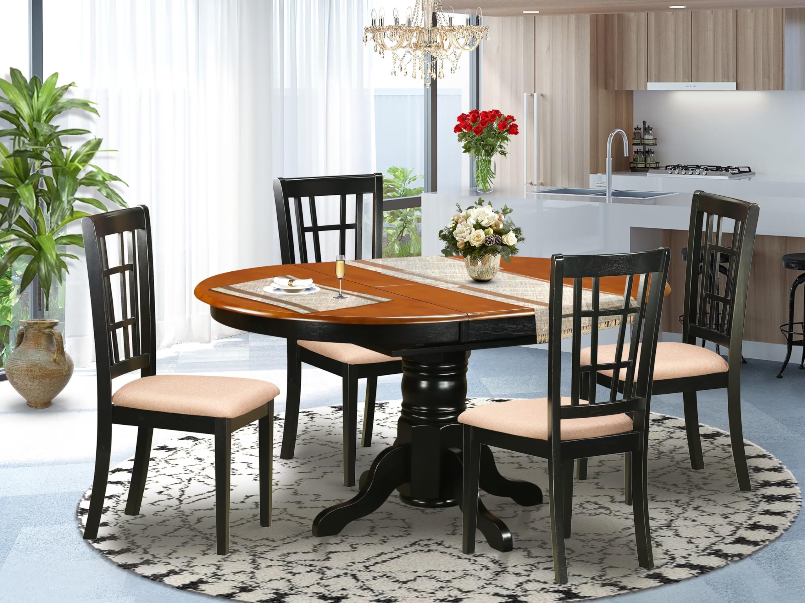 East West Furniture KENI5-BCH-C 5 Piece Dining Room Furniture Set Includes an Oval Kitchen Table with Butterfly Leaf and 4 Linen Fabric Upholstered Dining Chairs, 42x60 Inch, Black & Cherry