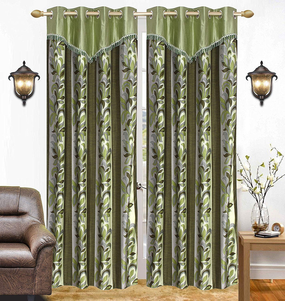 Kiara Creations Printed Frill SemiSheer Curtains for Window 6 Feet (Pack of 2) Green