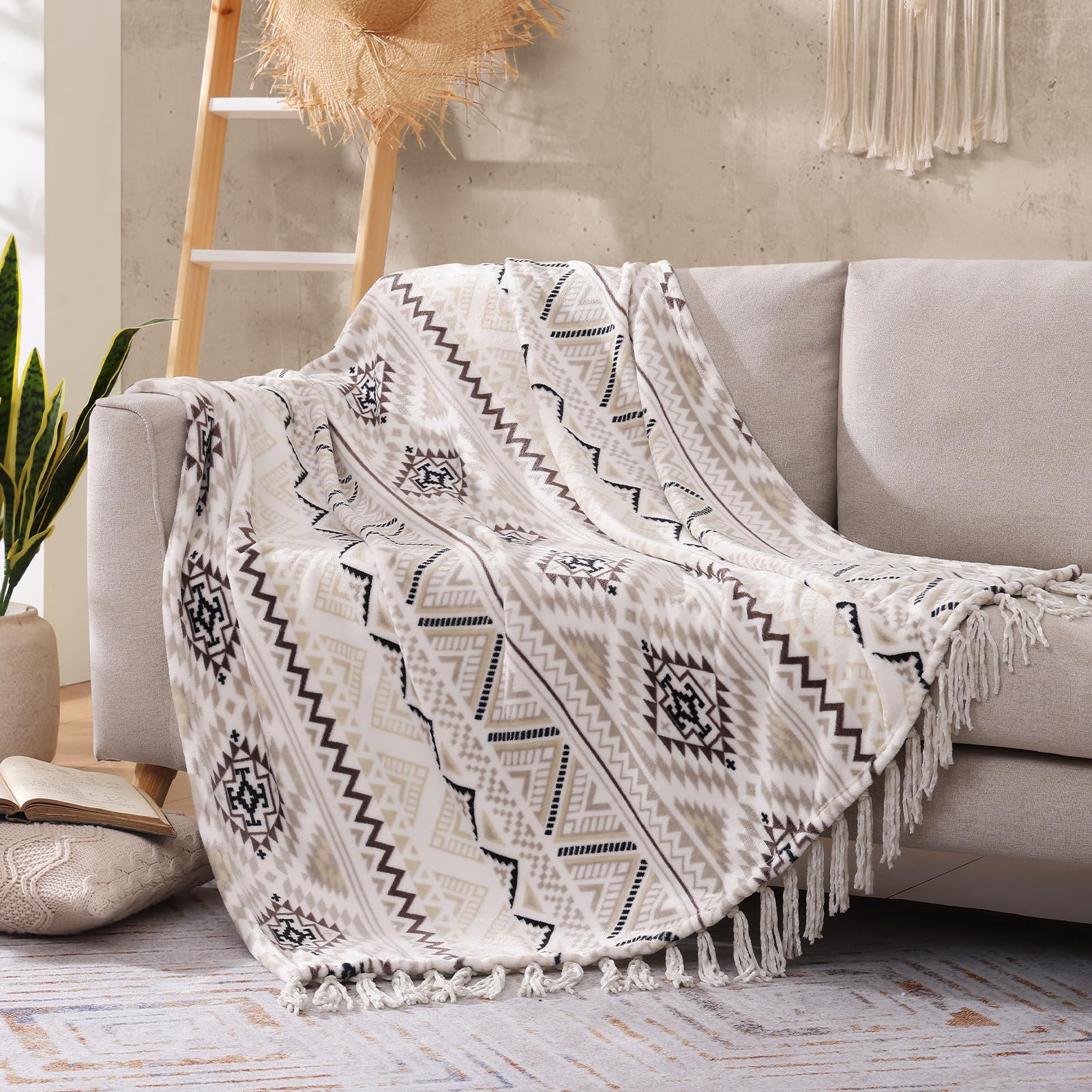 Casaagusto Twin Boho Blanket - Beige And Gray Decorative Blankets With Tassel, Printed Flannel Bohemian Blanket For Chair, Bed,