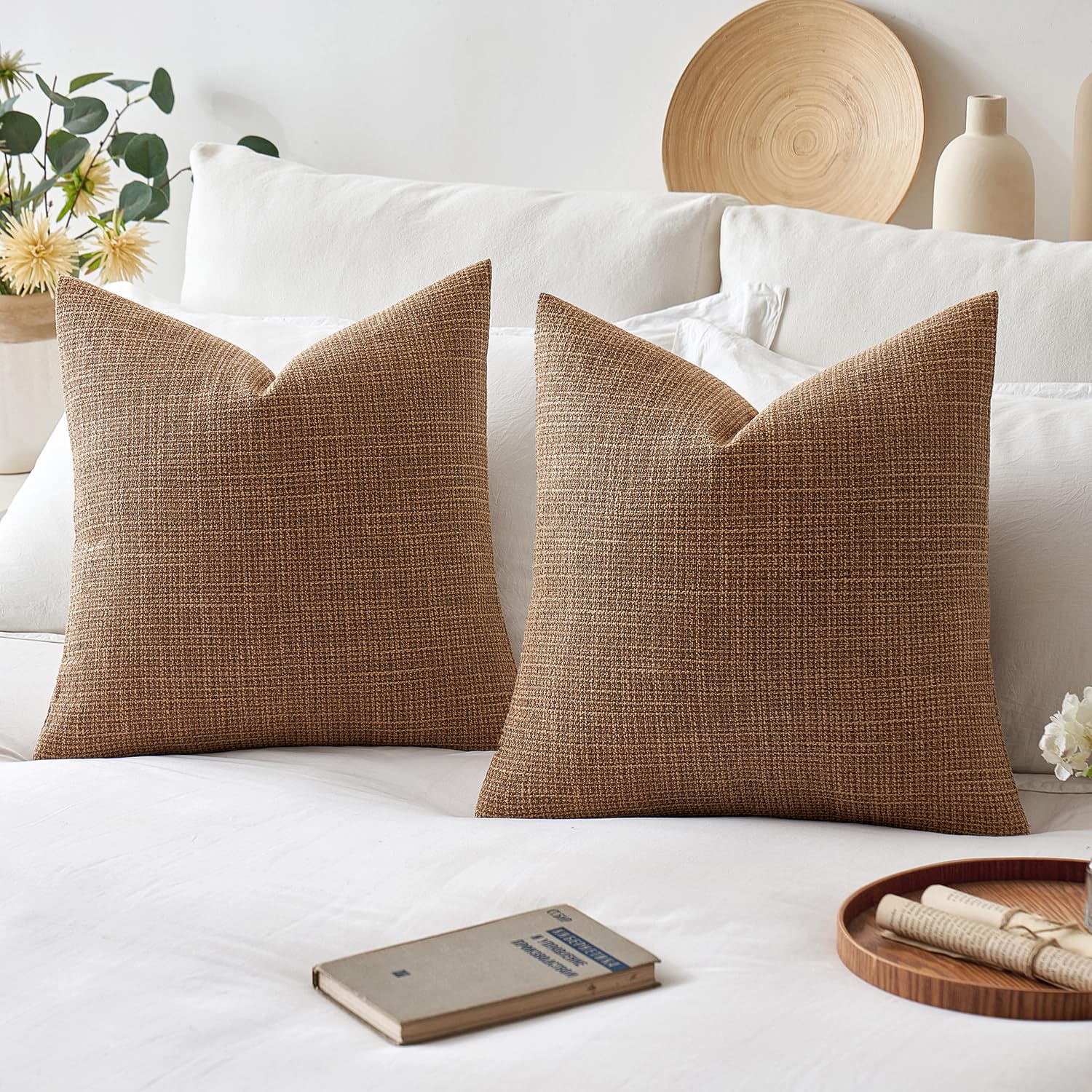 Miulee Burlap Linen Throw Pillow Covers 18X18 Inch Brown Decorative Pillow Covers Modern Farmhouse Pillowcases Soft Accent Cushi