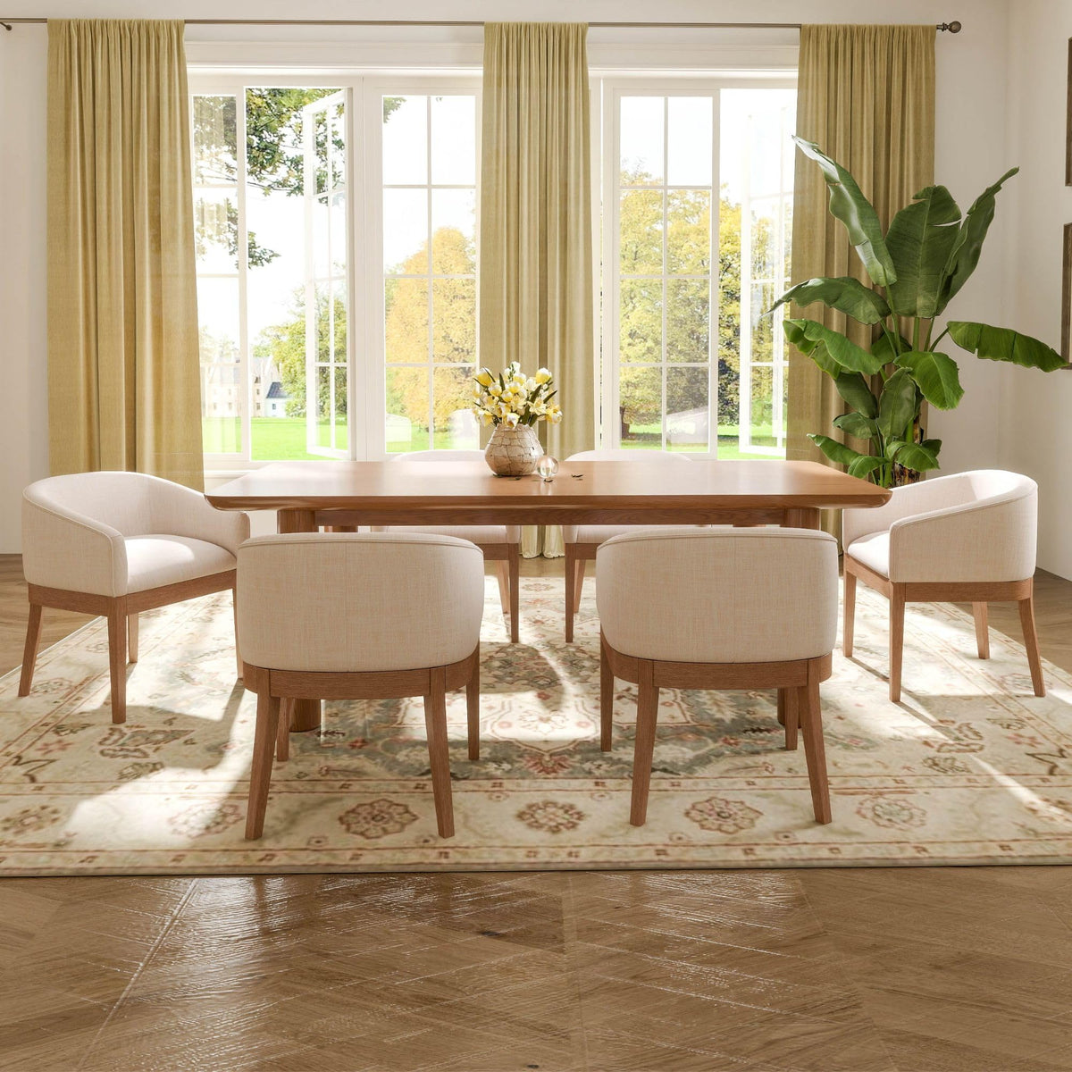 Washon Upholstered Dining Chairs Set Of 4, Mid Century Modern Dining Room Chair With Arms, Barrel Kitchen Chair With Solid Wood