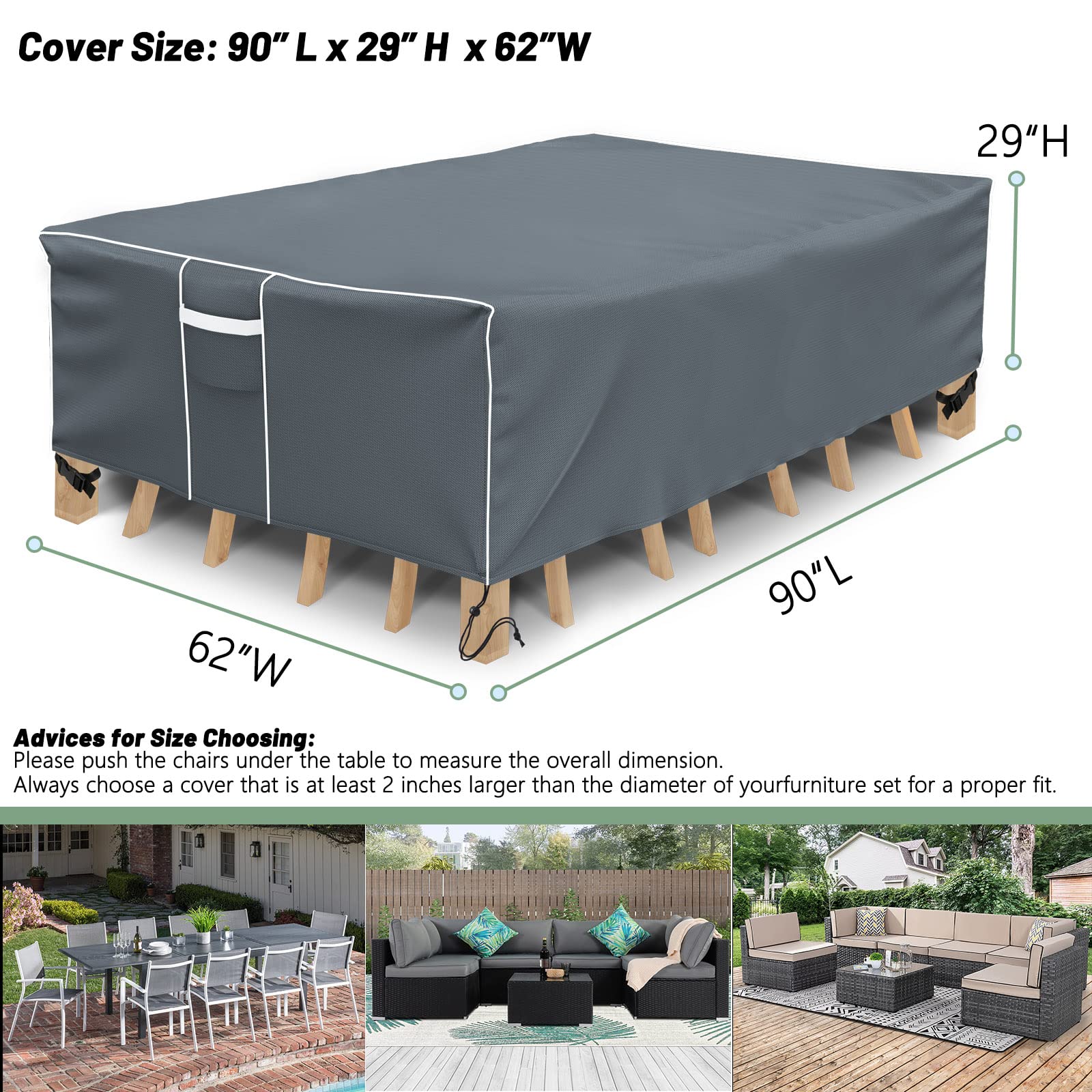 Patio Table Cover, Waterproof Outdoor Table Cover Rectangular, 500D Heavy Duty, All Weather Protection Patio Furniture Cover For Outdoor Furniture Set, 90' L X 62' W X 29' H -Grey