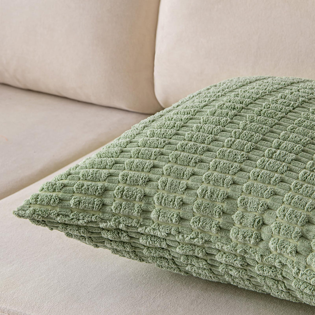 Anroduo Pack Of 2 Sage Green Decorative Throw Pillow Covers 18X18 Inch For Couch Bed Living Room Soft Corduroy Striped Square Cu