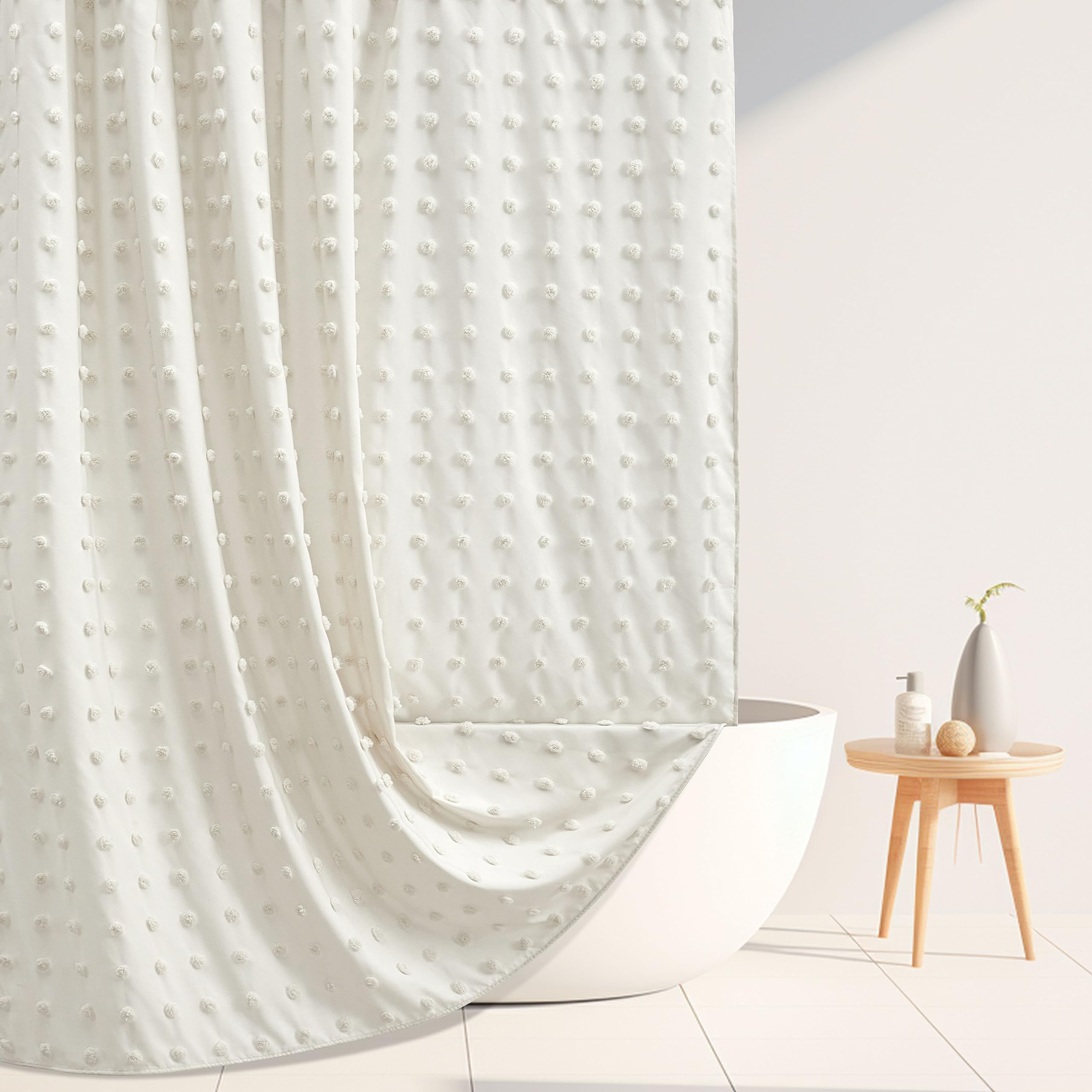 Extra Long Boho Farmhouse Cream Shower Curtain Woven Fabric 84 Inch Ivory Shower Curtain, 72 x 84 Tufted Pleat Floral Puffs Text