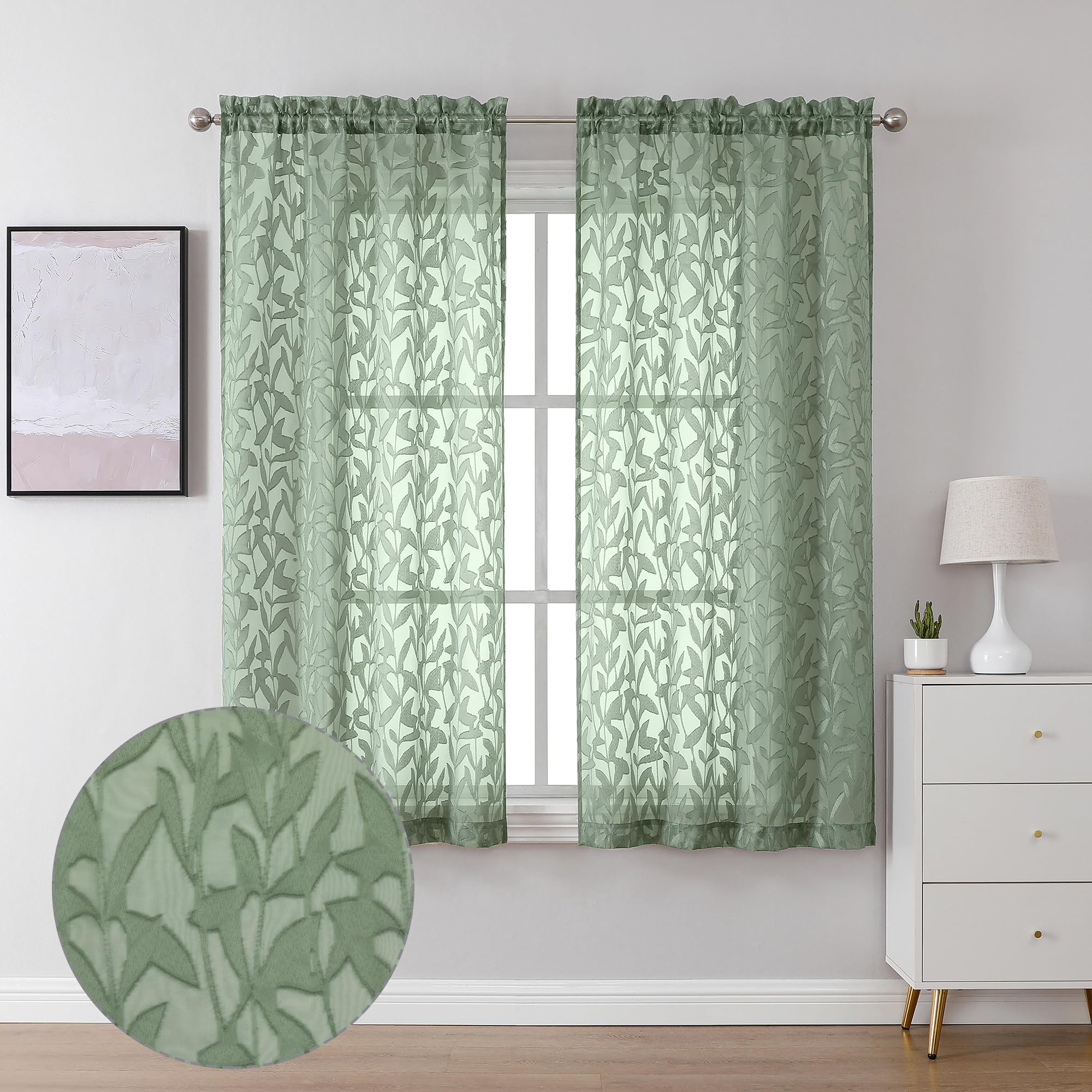 Lecloud Leia Sage Green Sheer Curtains 63 Inch Length 2 Panels, Light Filtering Bedroom Living Room Kitchen Curtain For Small Wi
