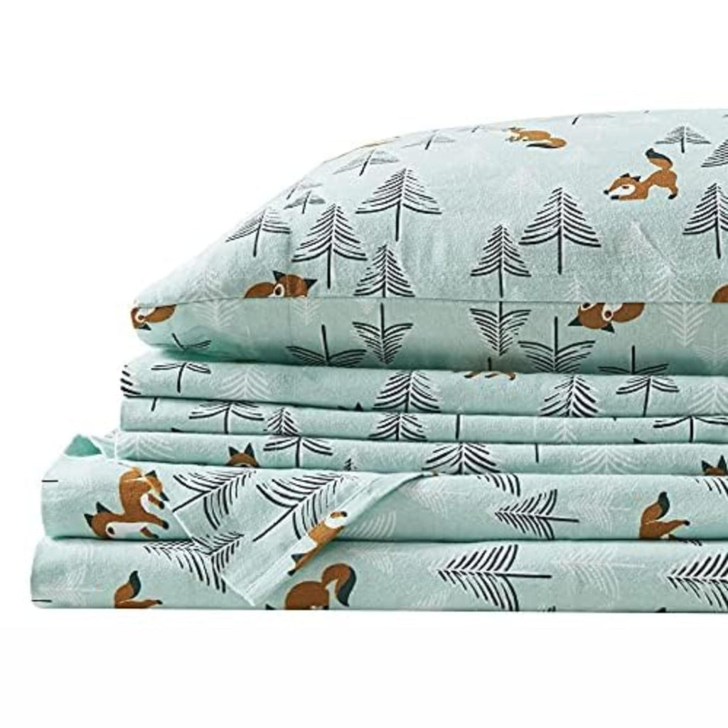 Comfort Spaces Cotton Flannel Breathable Warm Deep Pocket Sheets With Pillow Case Bedding, Twin Xl, Seafoam Foxes 3 Piece