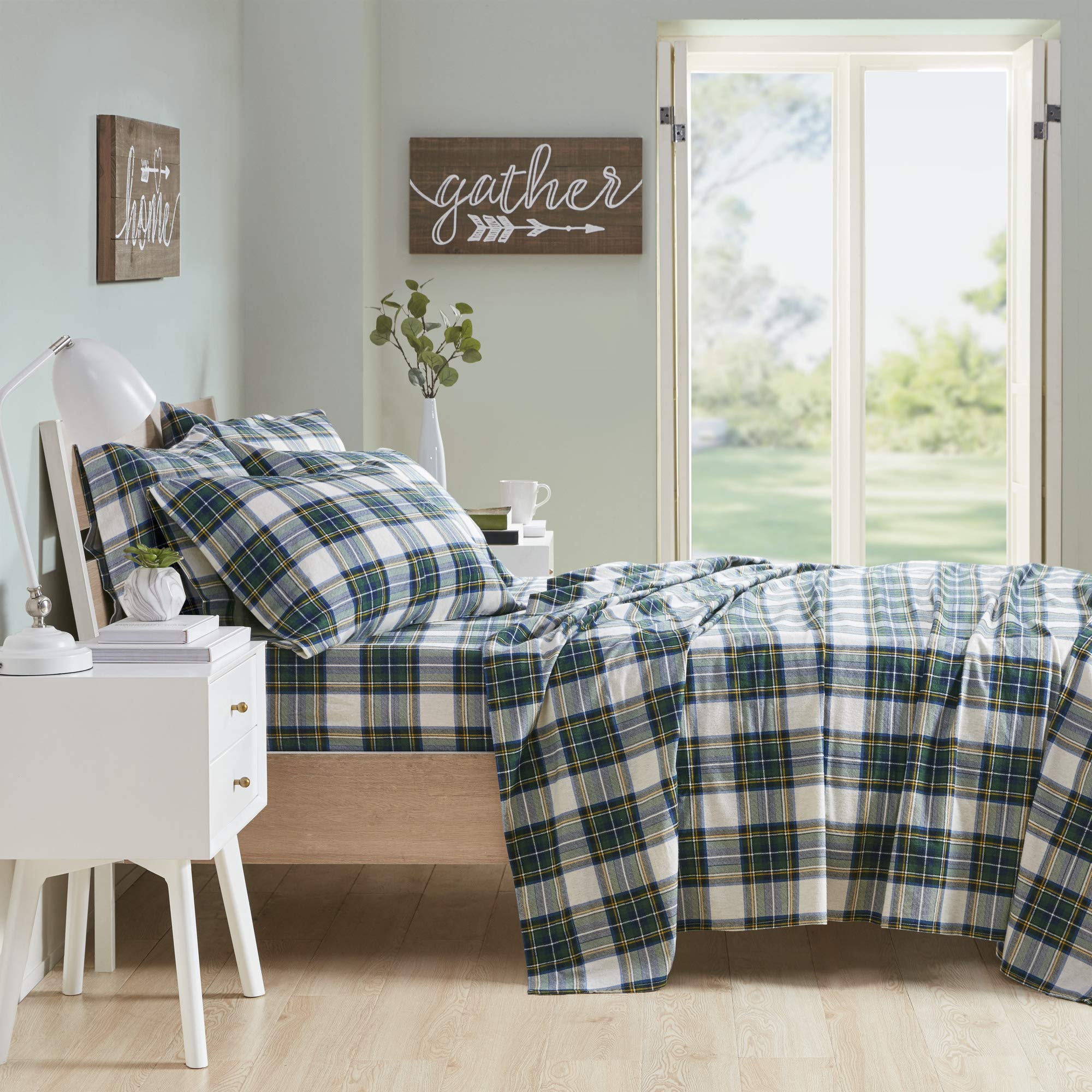 Comfort Spaces Cotton Flannel Breathable Warm Deep Pocket Sheets With Pillow Case Bedding, Cal King, Scottish Plaid Green, 4 Pie