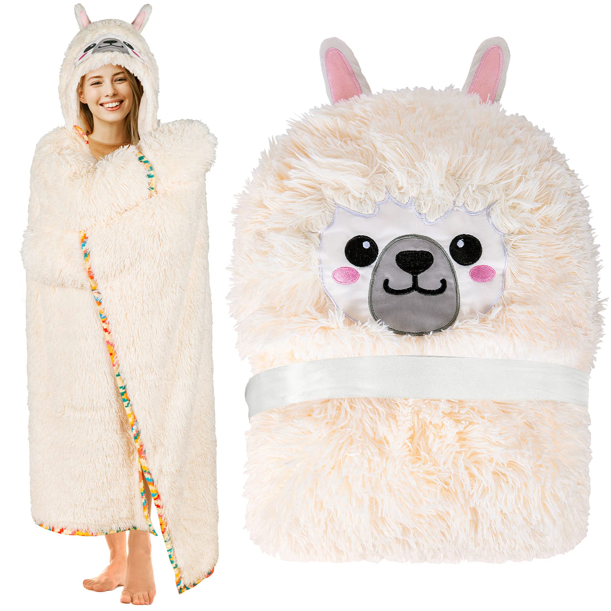 Llama Alpaca Wearable Hooded Blanket For Adults - Fluffy Super Soft Shaggy Faux Fur, Fuzzy Warm Cozy Plush Furry Fleece & Sherpa