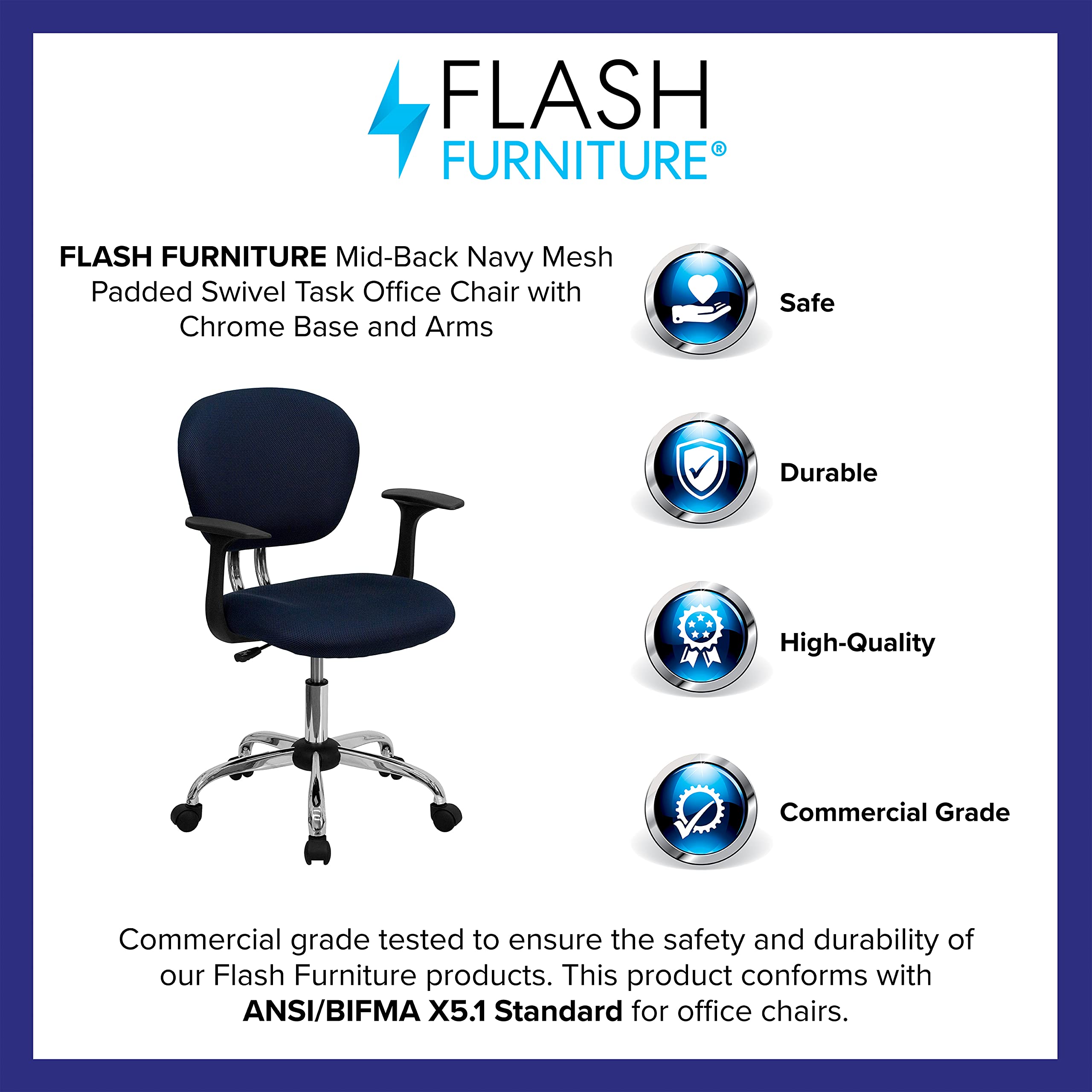 Flash Furniture Beverly Mid-Back Navy Mesh Padded Swivel Task Office Chair with Chrome Base and Arms