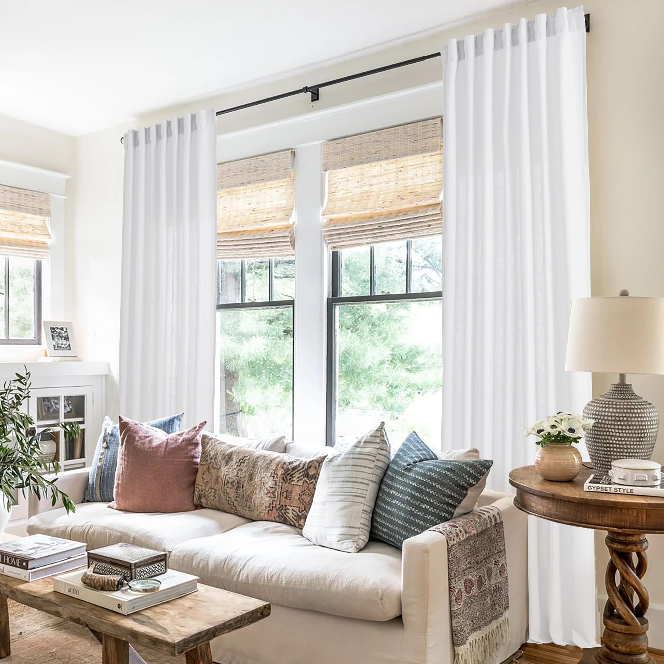 White Linen Curtains 90 Inches Long For Bedroom,Pleated Back Tab White Semi Sheer Curtains 90 Inch Length 2 Panels Set For Moder