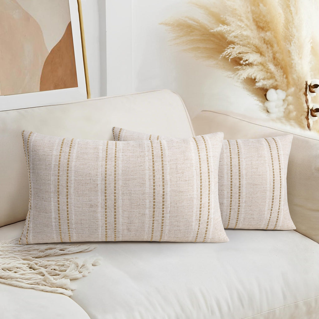 Aels 12X20 Decorative Farmhouse Linen Throw Pillow Covers, Boho Textured Pillow Case, Set Of 2, Beige With White & Brown Stitch