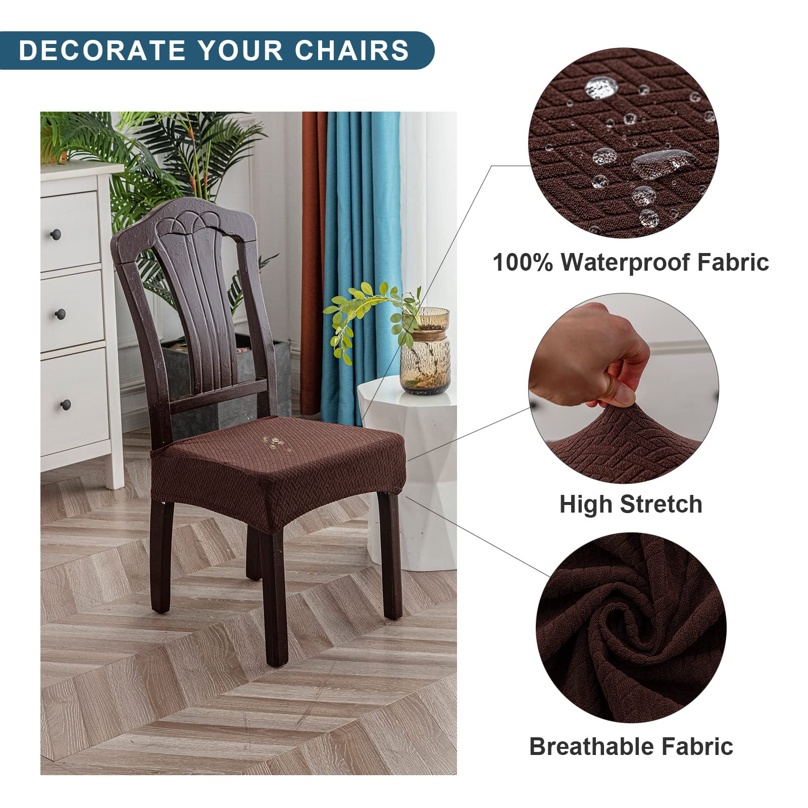 Genina Waterproof Seat Covers For Dining Room Chair Covers Waterproof Dining Chair Covers (6 Pcs-Rear-Gapped, Chocolate)
