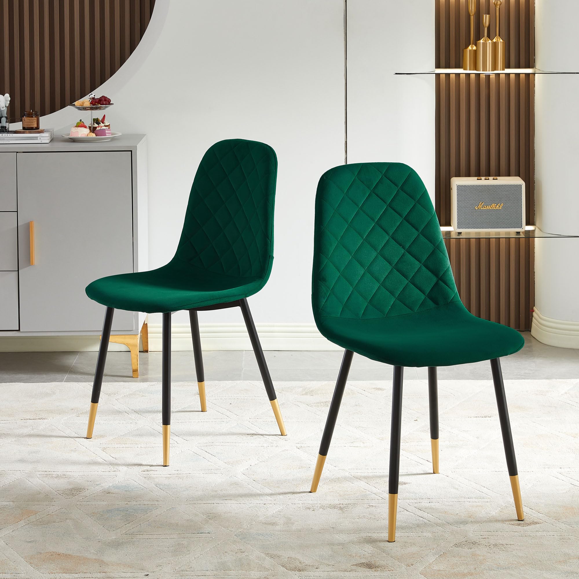 Nordicana Velvet Dining Chairs Kitchen Solid Color Chair Upholstered Side Chairs Set Of 2 With Metal Legs, Kelly Green