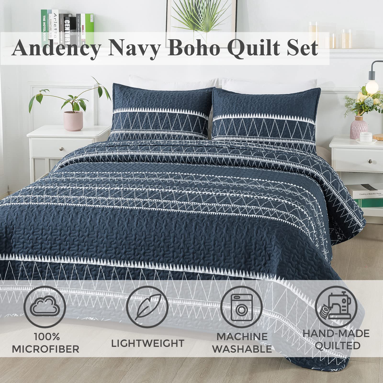 Andency Navy Blue Quilt Set Oversized King (118X120 Inch), 3 Pieces(1 Striped Triangle Printed Quilt And 2 Pillowcases), Bohemian Summer Lightweight Reversible Microfiber Bedspread Coverlet Sets
