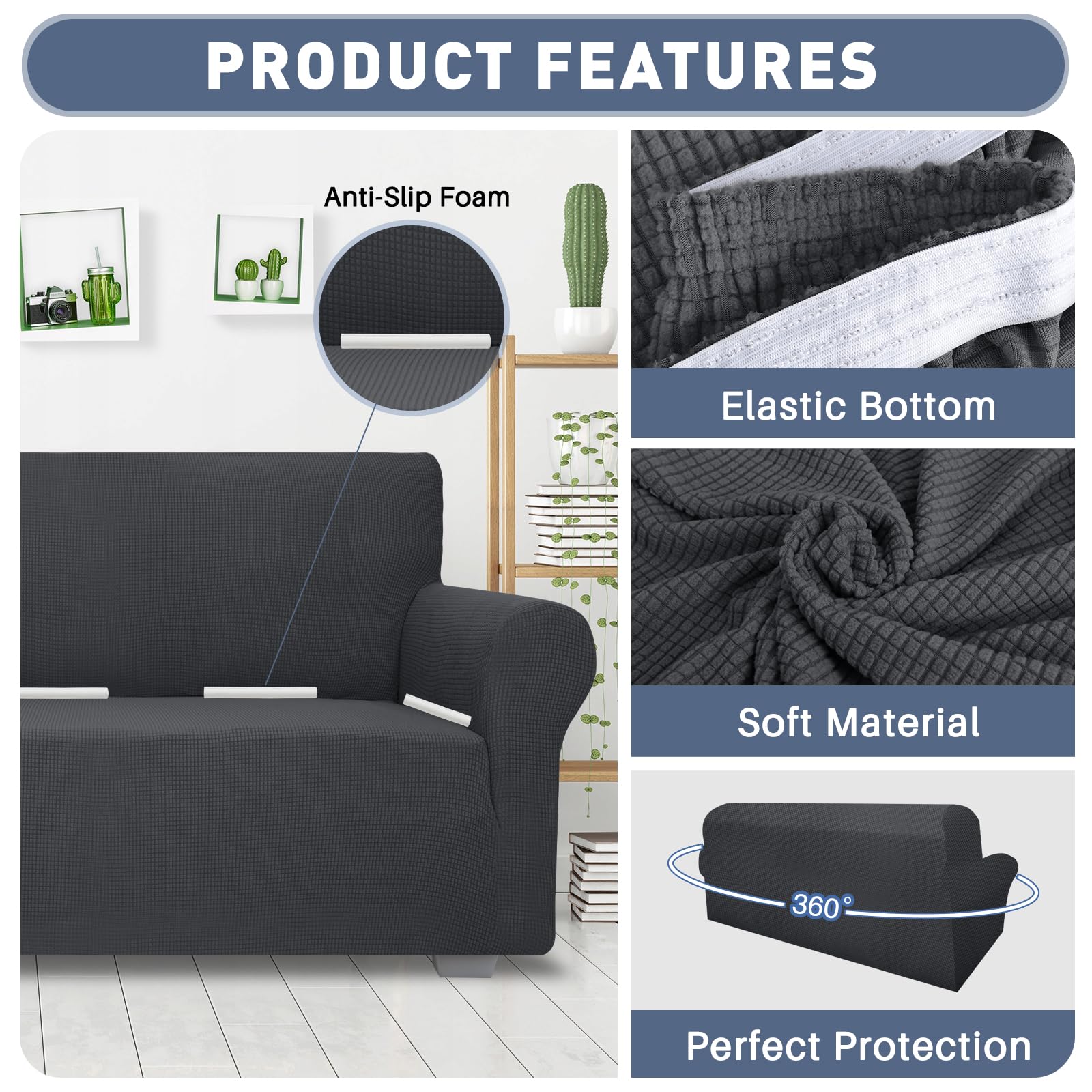 Jiviner High Stretch Couch Covers For 3 Cushion Couch, 1-Piece Jacquard Sofa Slipcovers Fitted Washable Sofa Covers With Elastic Bottom Furniture Protector For Kids Pets (Sofa, Grey)