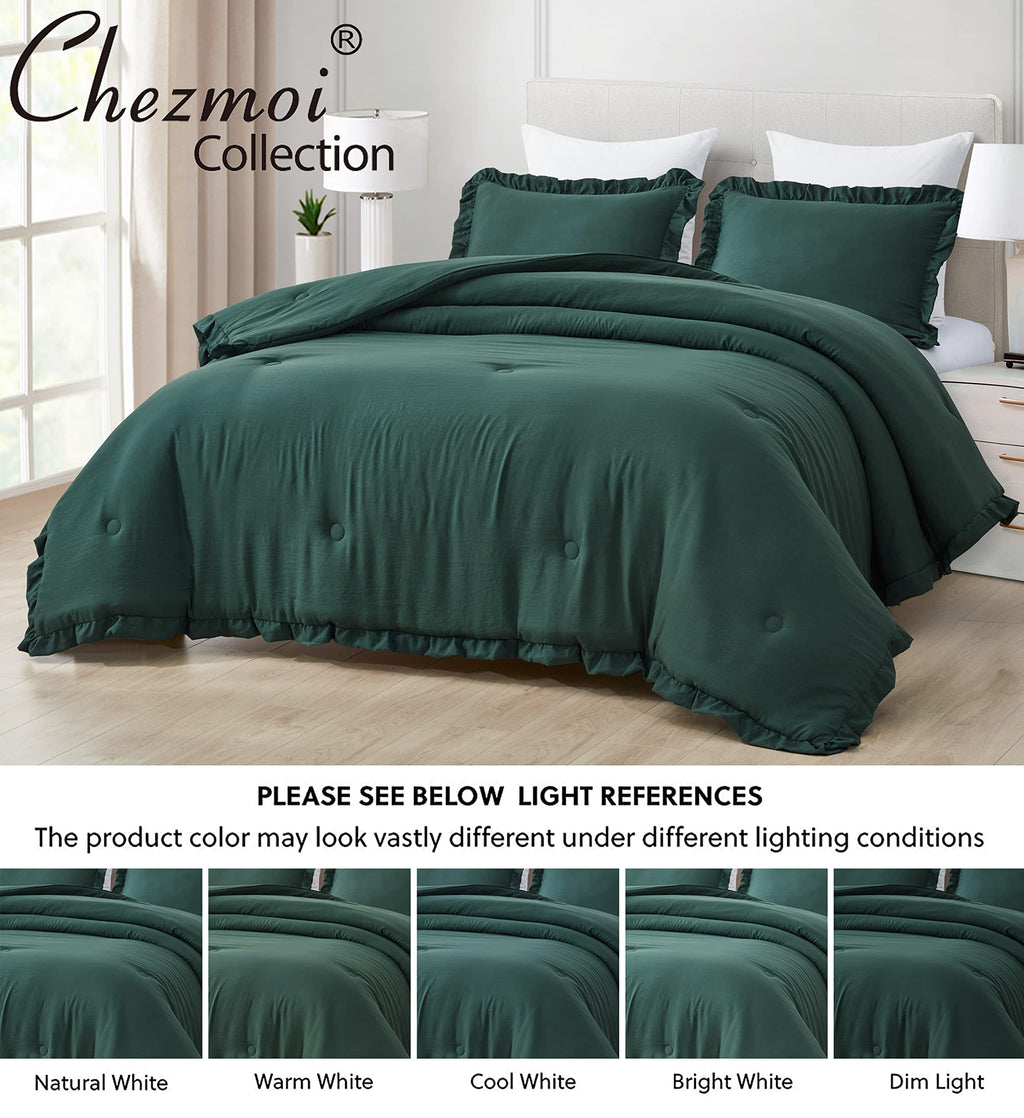 Chezmoi Collection Nora Emerald Green Comforter Set Full Size 3-Piece Fluffy Soft Lightweight Bedding Ruffled Edge Trim Stone-Wa