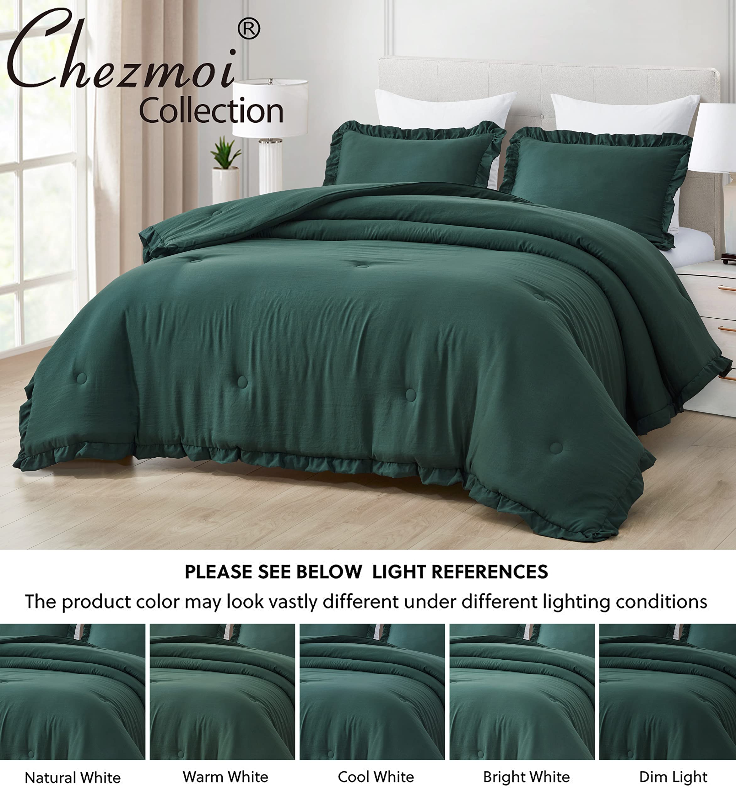 Chezmoi Collection Nora Emerald Green Comforter Set Full Size 3-Piece Fluffy Soft Lightweight Bedding Ruffled Edge Trim Stone-Wa