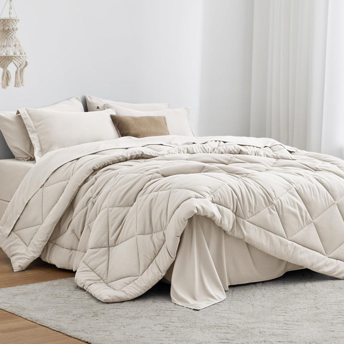 Love'S Cabin King Size Comforter Set Off White, 7 Pieces King Bed In A Bag, All Season King Bedding Sets With 1 Comforter, 1 Fla