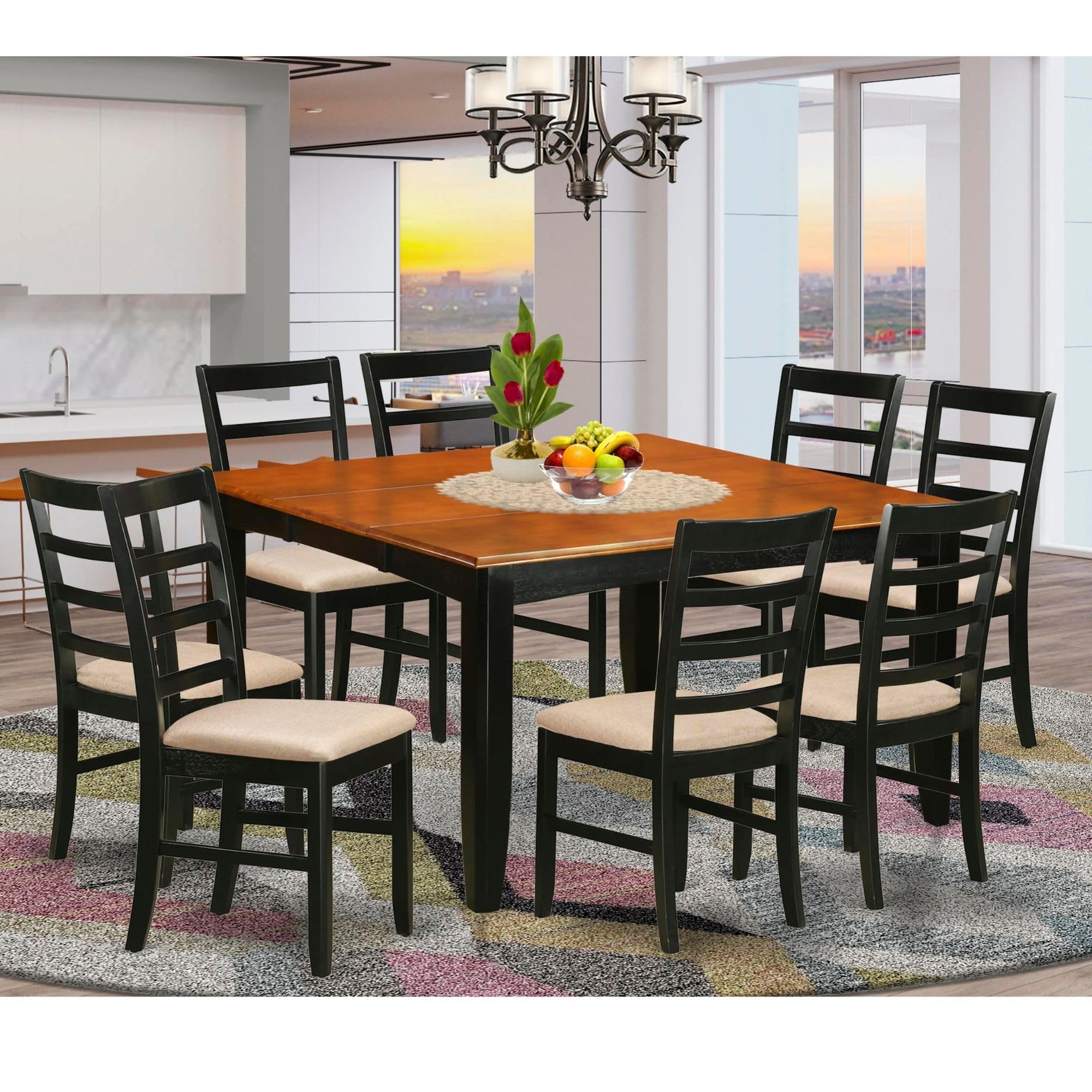 East West Furniture PARF9-BLK-C 9 Piece Dining Set Includes a Square Dining Room Table with Butterfly Leaf and 8 Linen Fabric Upholstered Kitchen Chairs, 54x54 Inch, Black & Cherry