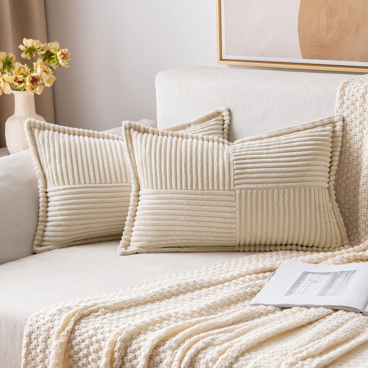 Miulee Corduroy Pillow Covers With Splicing Set Of 2 Super Soft Boho Striped Pillow Covers Broadside Decorative Textured Throw P