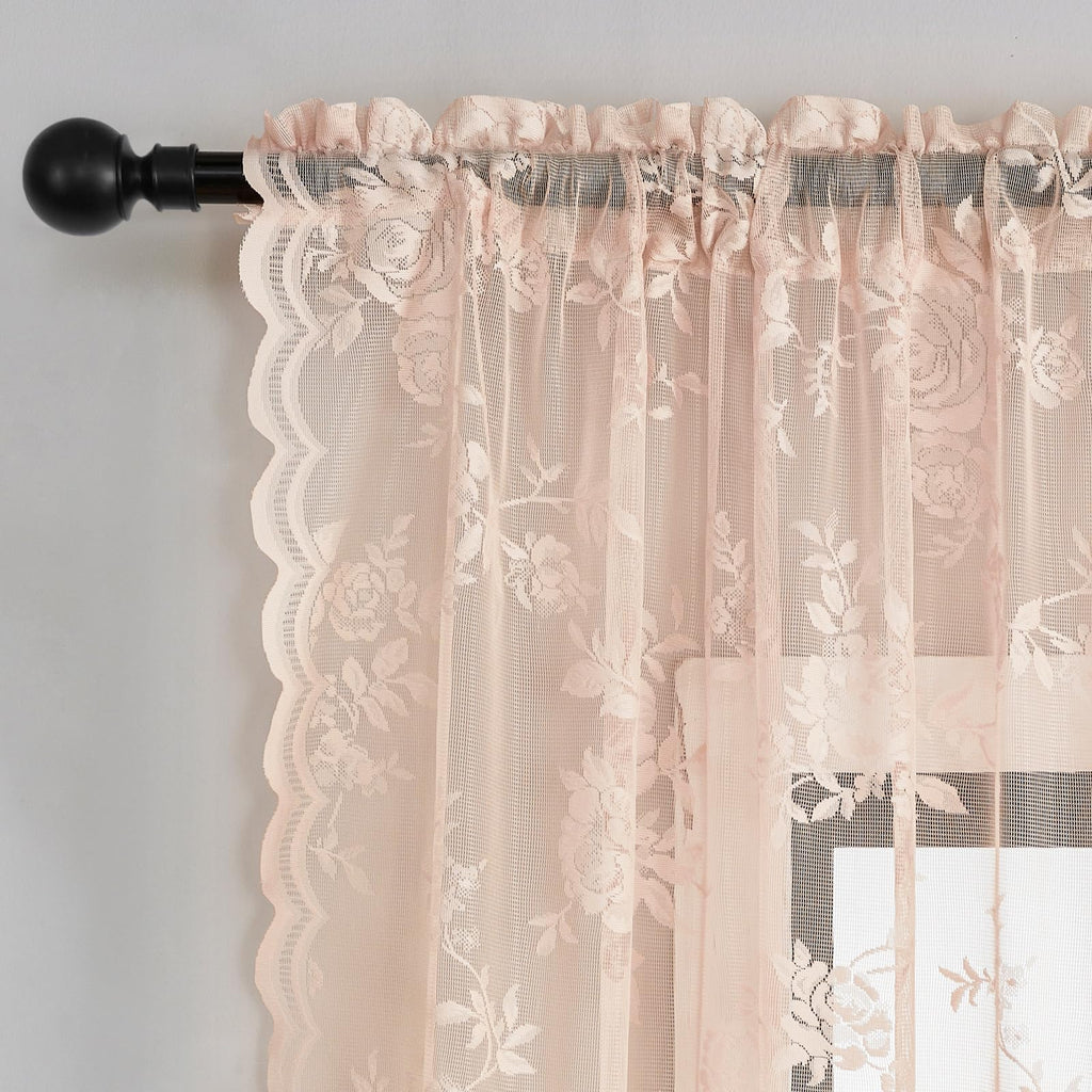 Seekright Blush Pink Kitchen Curtains 30 Inch Length Rod Pocket Light Filtering Sheer Lace Cafe Curtains 2 Panels Set Modern Flo